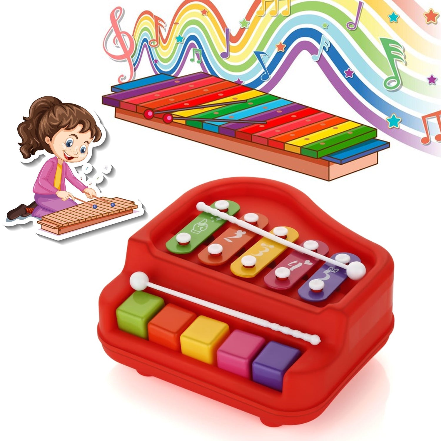 2 in 1 Baby Piano Xylophone Toy for Toddlers, 5 Multicolored Key Keyboard Xylophone Piano, Preschool Educational Musical Learning Instruments Toy for Baby Kids Girls Boys 3+ Years (1 Pc) - Bhavnagar Deodap