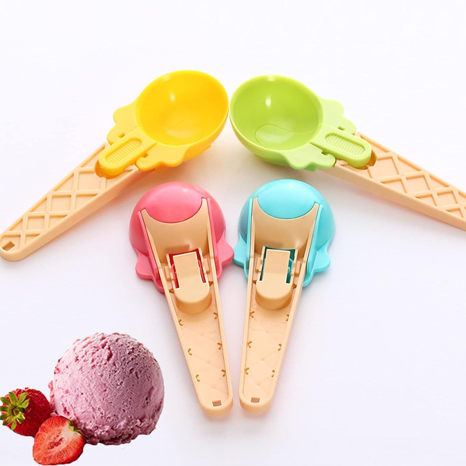 Ice Cream Spoons 2pcs Plastic Water Melon Scoopers with Trigger Dipper and Adults for Summer Party Ice Cream Scoop, Food Serving Spoon Kitchen Tools Ice Cream Digging Spoon Household Spoons Cupcake Spoons Aps Fruit Ball Player (2 Pc) - Bhavnagar Deodap