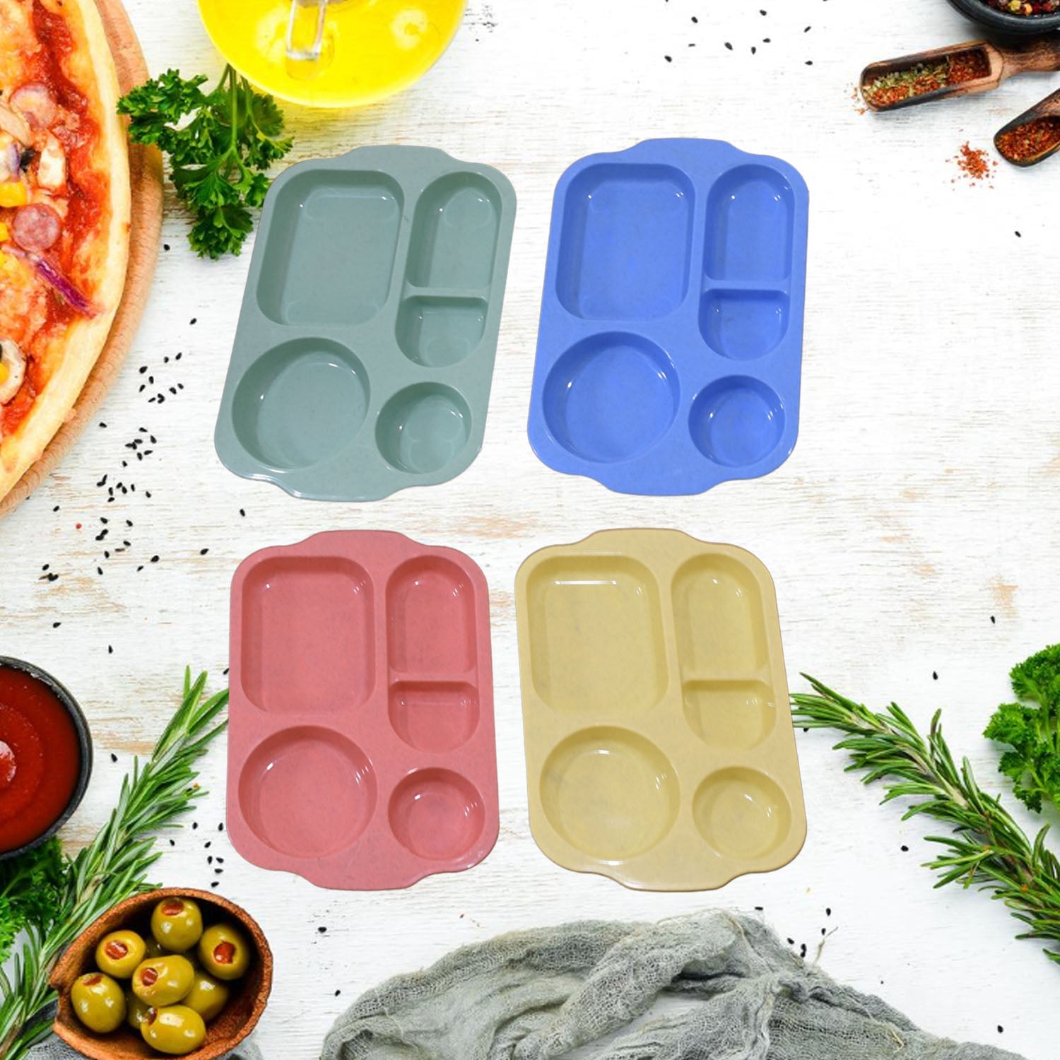 Divided Plates, 5 Compartments 32 CM Split Plates, Shatterproof Separating Plates For Kids And Adults, Microwave and Dishwasher Tableware Set, Multi-Colour, Modern (4 Pc Set) - Bhavnagar Deodap