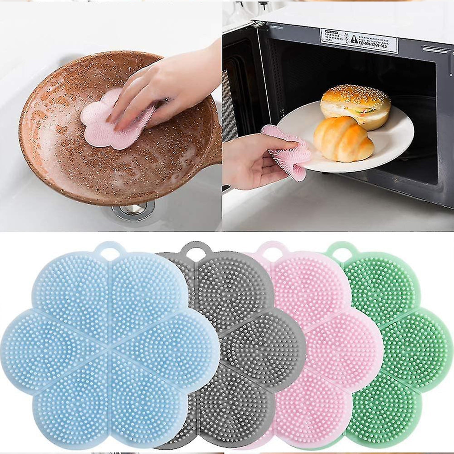 Multifunction Silicone Sponge Dish Washing Kitchen Scrubber, Dishwashing Brush Silicone Kitchen Brush Flower Shape Cleaning Brushes for Home Restaurant Easy Cleaning Tool Heat-Resistant Mat Kitchen Home Gadgets (1 Pc) - Bhavnagar Deodap