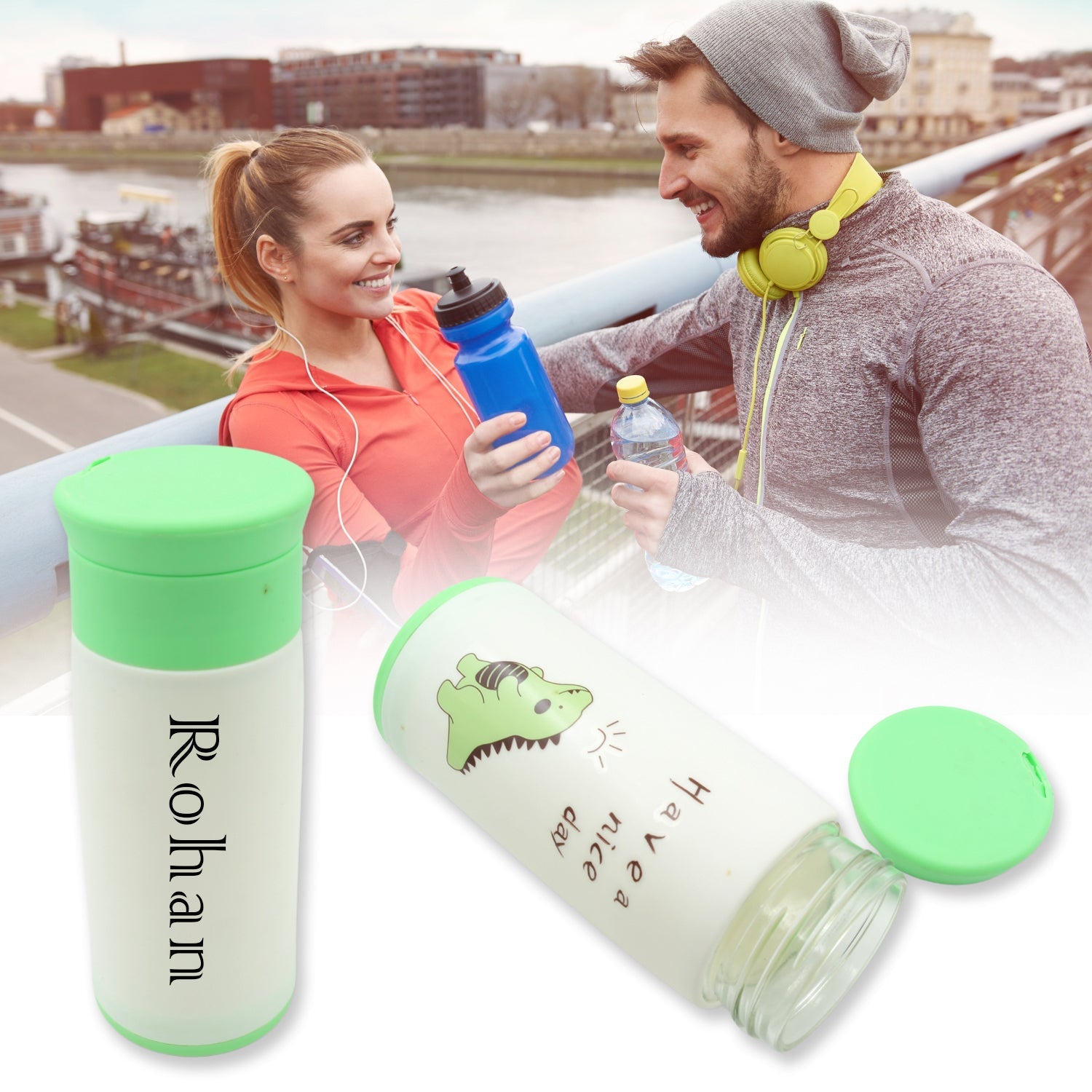 Customize Outdoor Sport Glass water bottle 350ml leak proof BPA-free for travel cold and hot water glass water bottle with daily water intake for gym and children, Home, Travel, Office Use  (350ml) - Bhavnagar Deodap