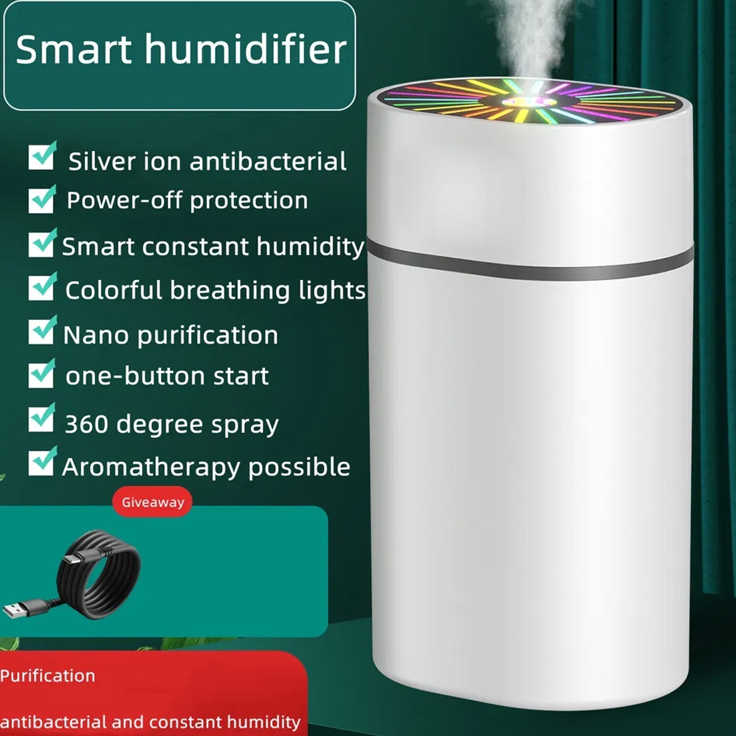 Humidifiers For Bedroom, Small Humidifier With Colorful Light Effect, Mini Desk / Car Humidifier with Colorful Light - Bhavnagar Deodap