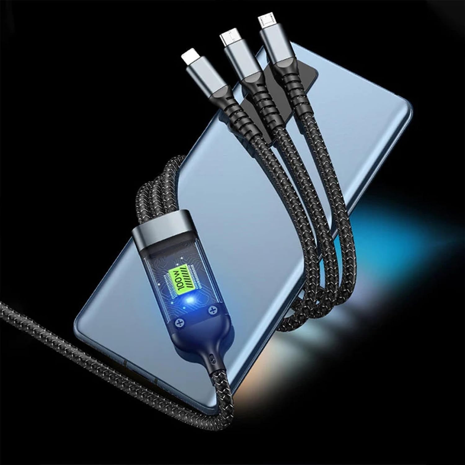 3-in-1 Super Fast Charging Cable 100w, Multifunctional Convenient Super Fast Charging Cable Nylon Braided Cord, 3-in-1 Silicone Zinc Alloy 3 Head Charging Cable - Bhavnagar Deodap