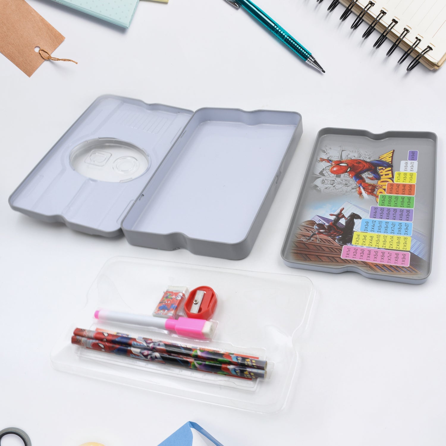 Big Cartoon Printed  Metal Compass Box, Pencil Case With Sharpner, Eraser, Pencil, Marker & Scale for Kids Stationery Compass Box, Stationery Gift for School Kids Compass, Pencil Box, Birthday Return Gift for Kids  (6 Pc Set) - Bhavnagar Deodap