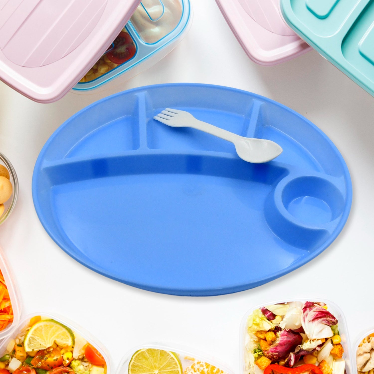 Plastic Food Plates / Biodegradable 5 Compartment Plate With Spoon for Food Snacks / Nuts / Desserts Plates for Kids, Reusable Plates for Outdoor, Camping, BPA-free (1 Pc) - Bhavnagar Deodap
