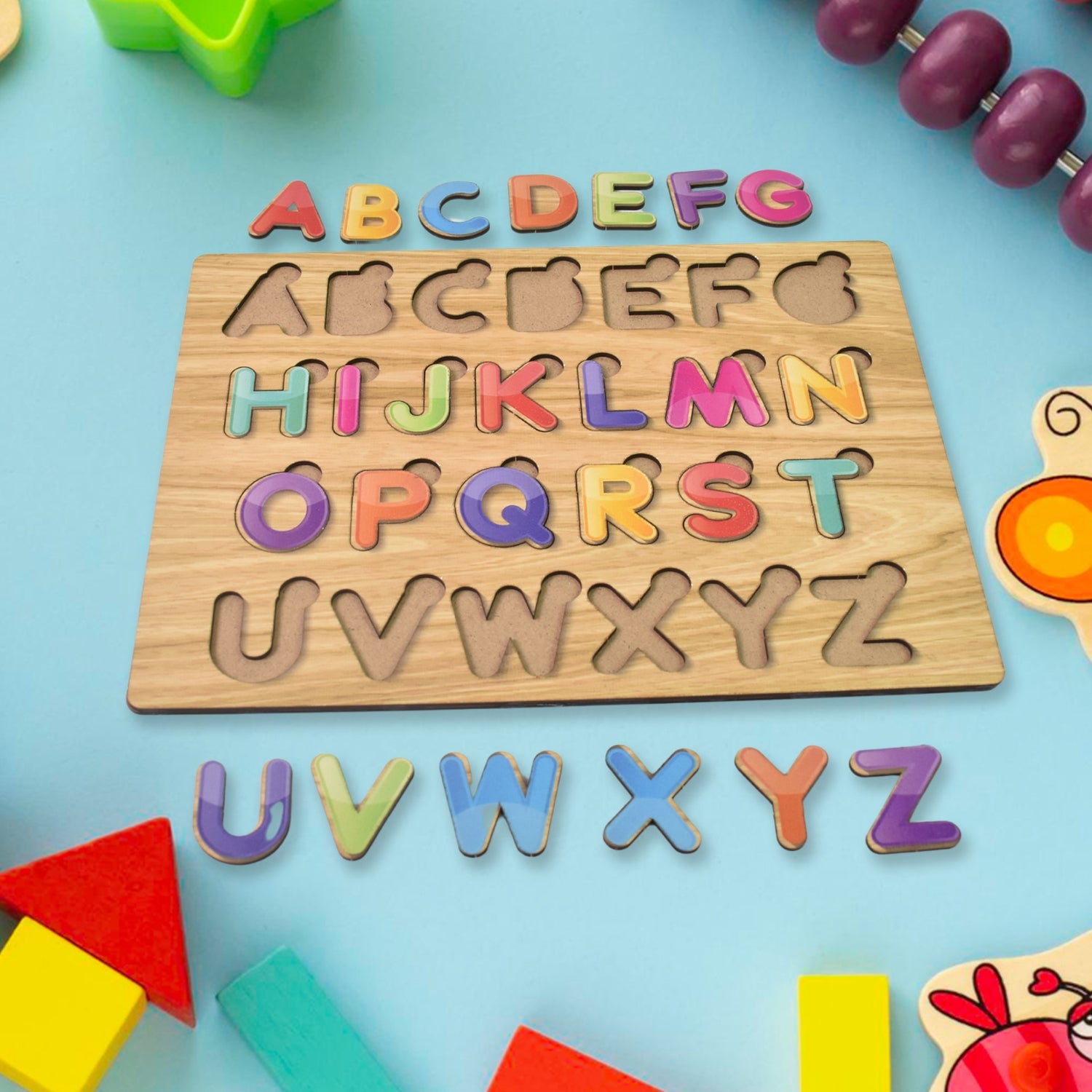 Wooden Puzzle Board ABC Letters Shapes Educational Learning Toys (1 Set) - Bhavnagar Deodap