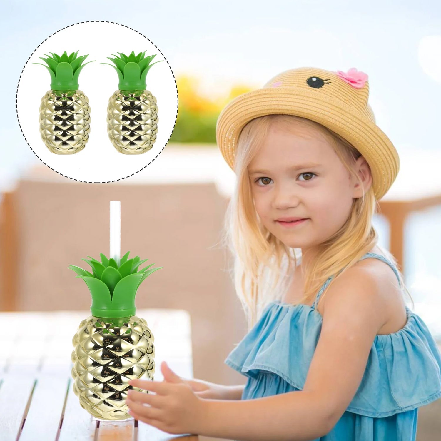 Plastic Pineapple Cups with Straw (1 Pc) - Party Favors, Hawaiian, Beach - Bhavnagar Deodap