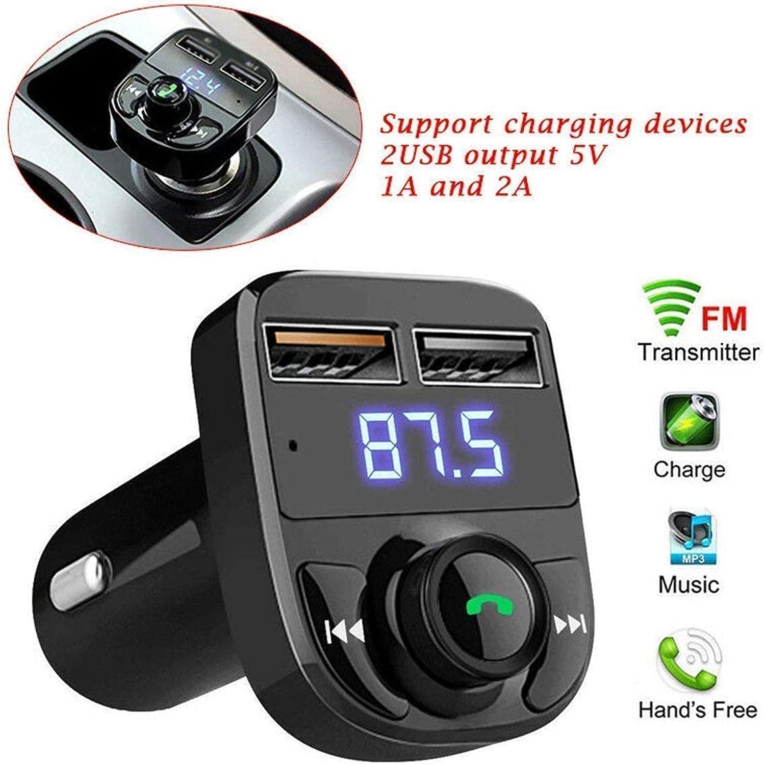 CAR-X8 Bluetooth FM Transmitter Kit for Hands-Free Call Receiver / Music Player / Call Receiver / Fast Mobile Charger Ports for All Smartphones with 3.1A Quick Charge Dual USB Car Charger - Bhavnagar Deodap