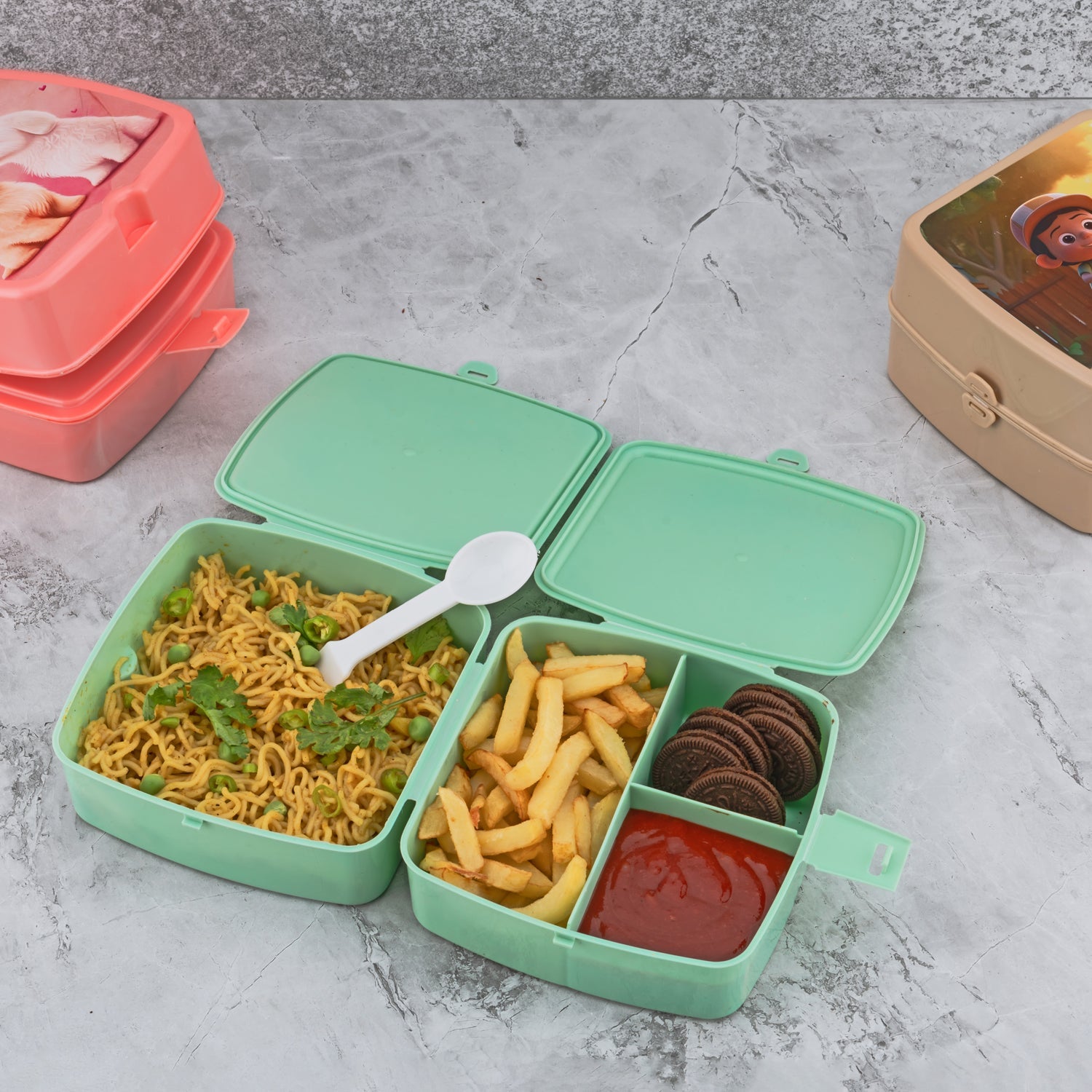 Double-Layer Square Lunch Box with  Spoon , 4 Compartment Tiffin & Push Lock , Plastic Tiffin Box for Travelling, School Kids & Office Exclusive, Home - Bhavnagar Deodap
