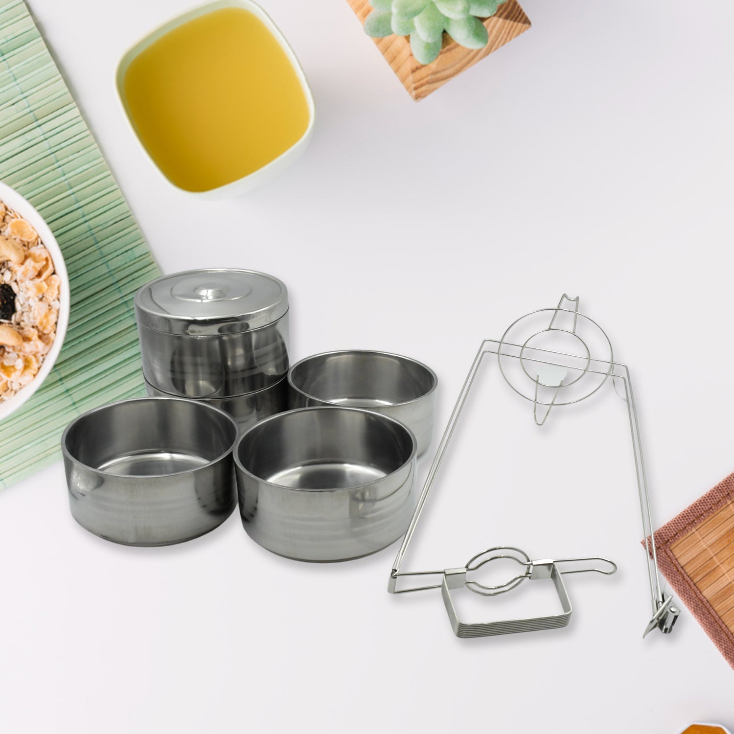5 Compartment Lunch Box (Stainless Steel): Round Tiffin, Leakproof (16x5") - Bhavnagar Deodap
