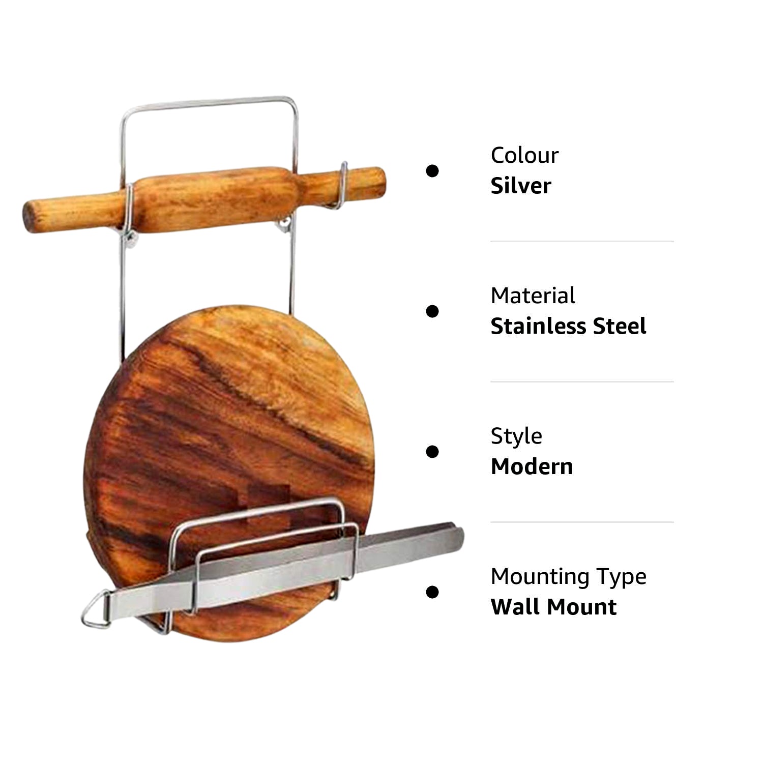 Chakla Belan Chimta Stand Rolling Pin Board Tong Holder Silver Stainless Steel Multi-Purpose Rack for Kitchen (1 Pc ) - Bhavnagar Deodap