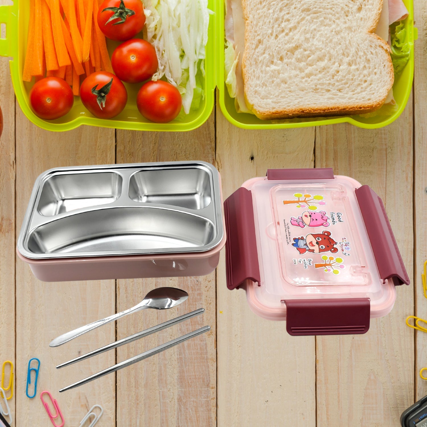 Food‑Safe Materials Kids Lunch Box With steel  Spoon & chopsticks Compartment is Designed Made of 304 Stainless Steel Easy to Clean for School for Camping for Work for Home, Office - Bhavnagar Deodap