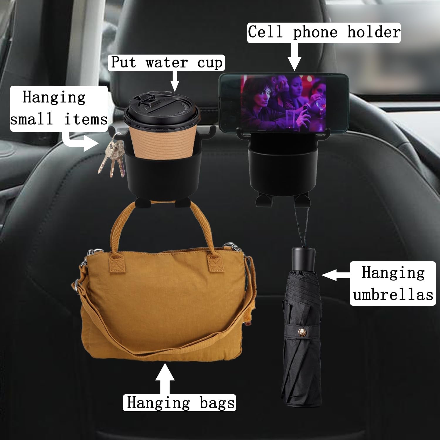 Car Headrest Backseat Organizer, 3 in 1 Automotive Cell Phone Drink cupholder Adapter with Headrest Hooks for Kids and Adults, Multifunctional Storage for Car Travel Accessories - Bhavnagar Deodap