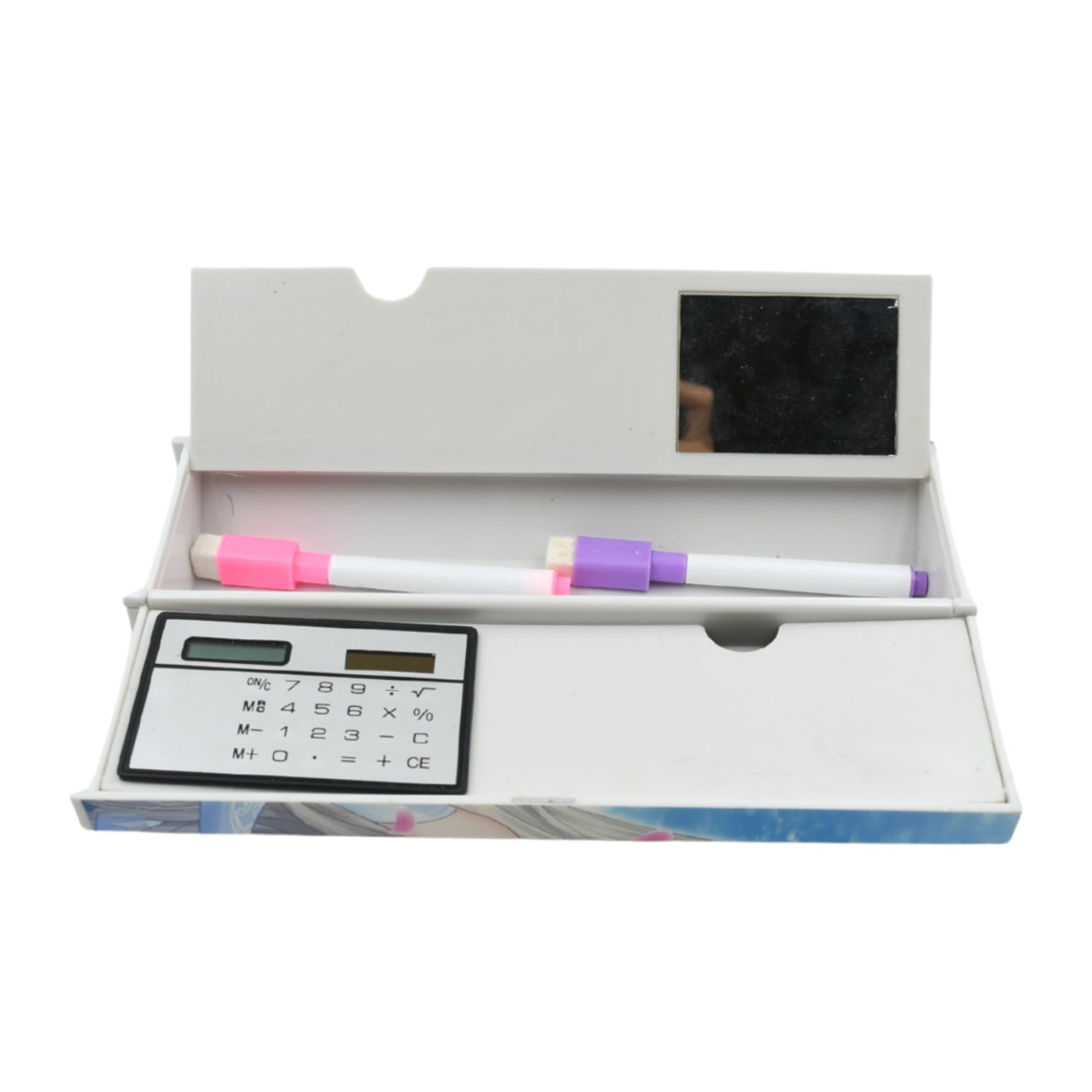 12 in 1 Compass Box, Geometry Box 2 Compartment, Pencil Box with 1 Calculator, 1 Mirror, Pen Refill 2 Black, 2 Blue, 2 Red, 2 Marker for Boys Art Plastic Pencil Box for Girls and Boys - Bhavnagar Deodap