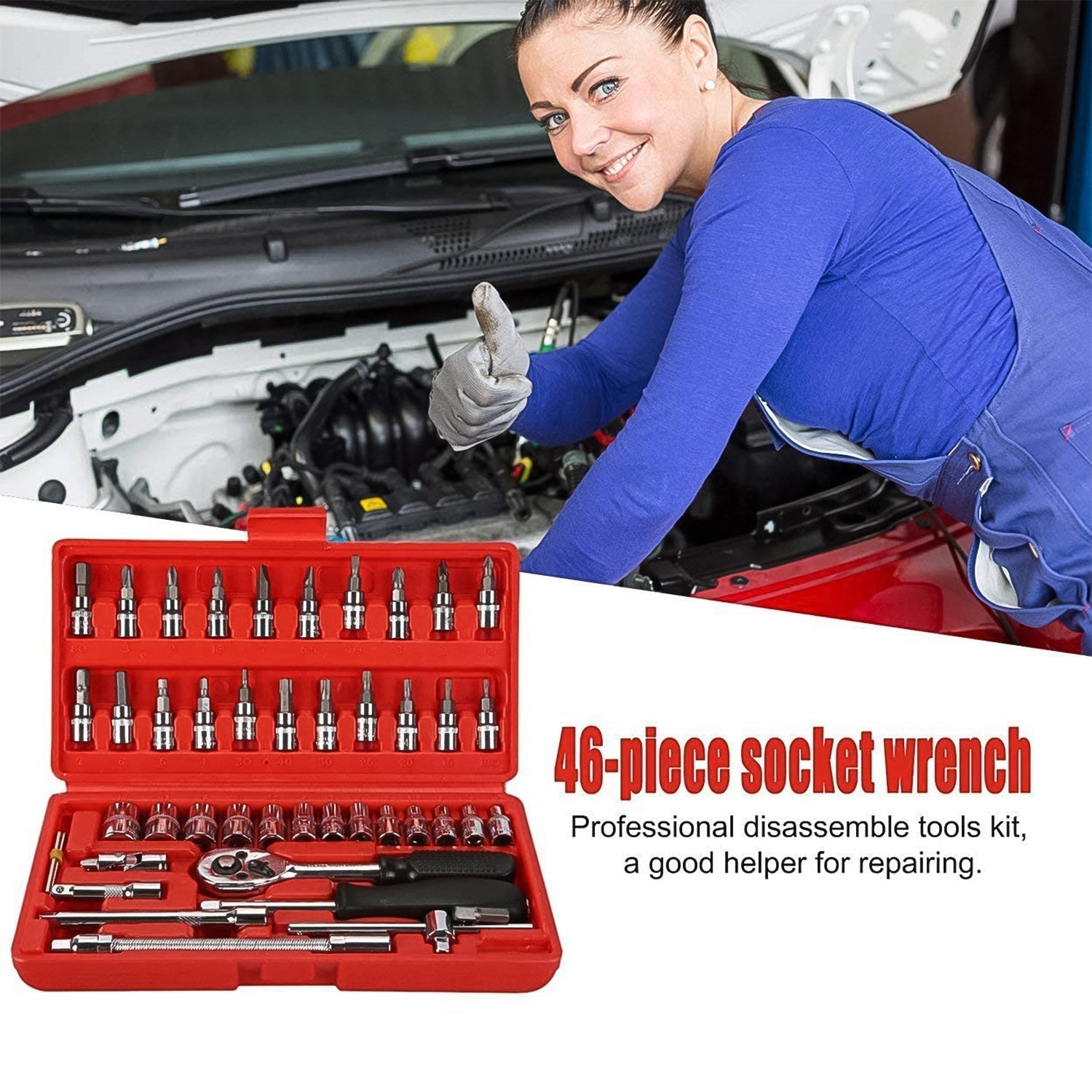 Socket 1 / 4 Inch Combination Repair Tool Kit (Red, 46 pcs) - Bhavnagar Deodap