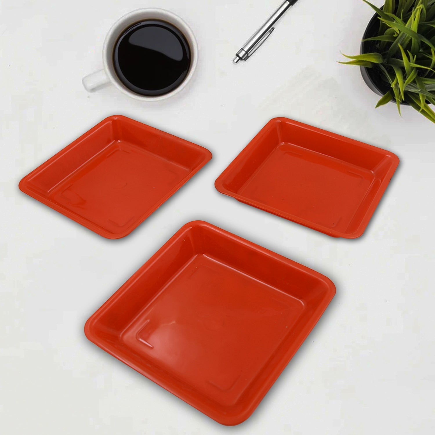 Square Plastic Halwa Dinner Plate Snacks / Breakfast, Restaurant Serving Trays Home School Coffee Hotel Kitchen Office (3 Pcs Set) - Bhavnagar Deodap