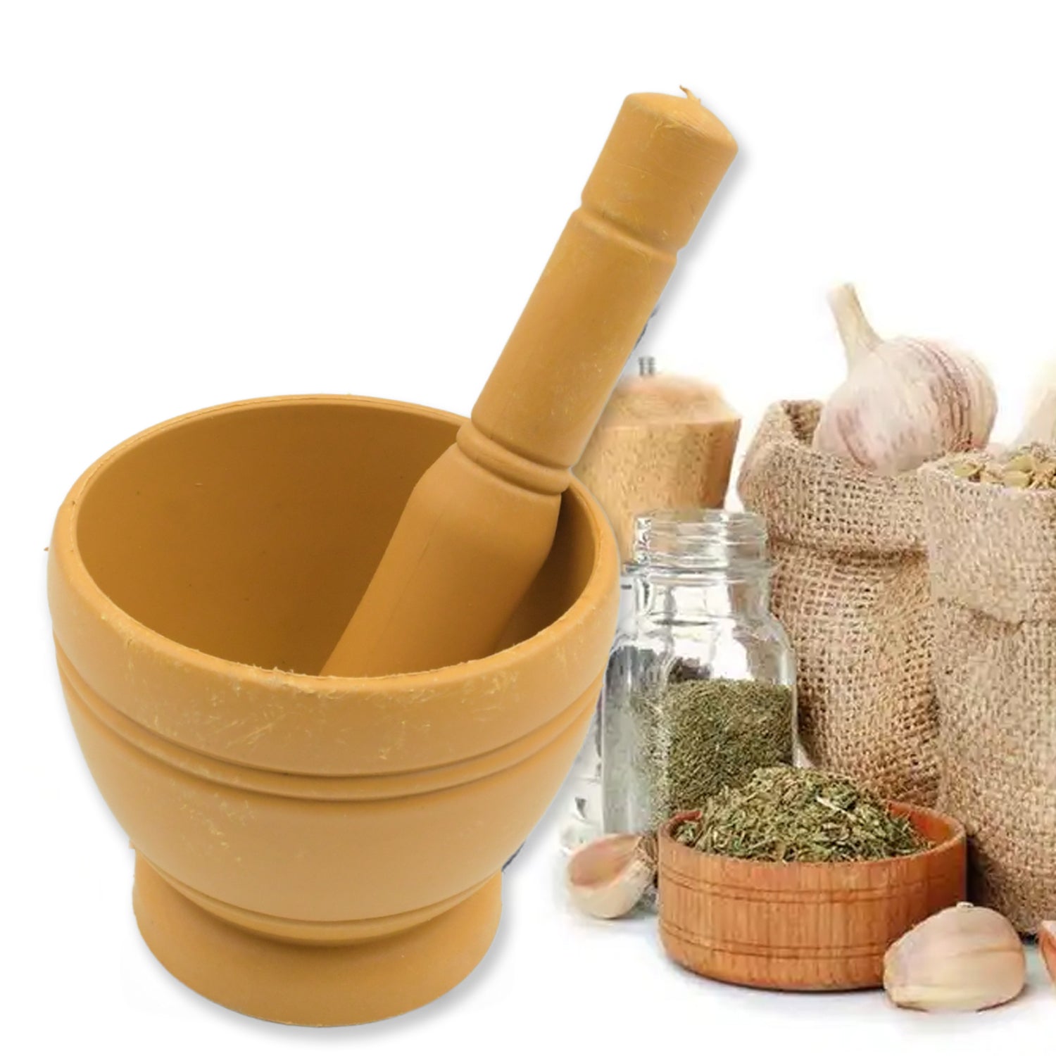 Mortar and Pestle Set for Spices, Okhli Masher, Khalbatta, Kharal, Mixer, Natural & Traditional Grinder and Musal, Well Design for Kitchen, Home, Herb - Bhavnagar Deodap