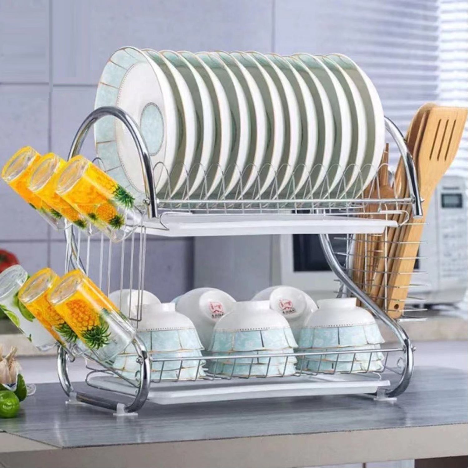 2962 Stainless Steel 2 Layer Kitchen Dish Rack/Plate Cutlery Stand 