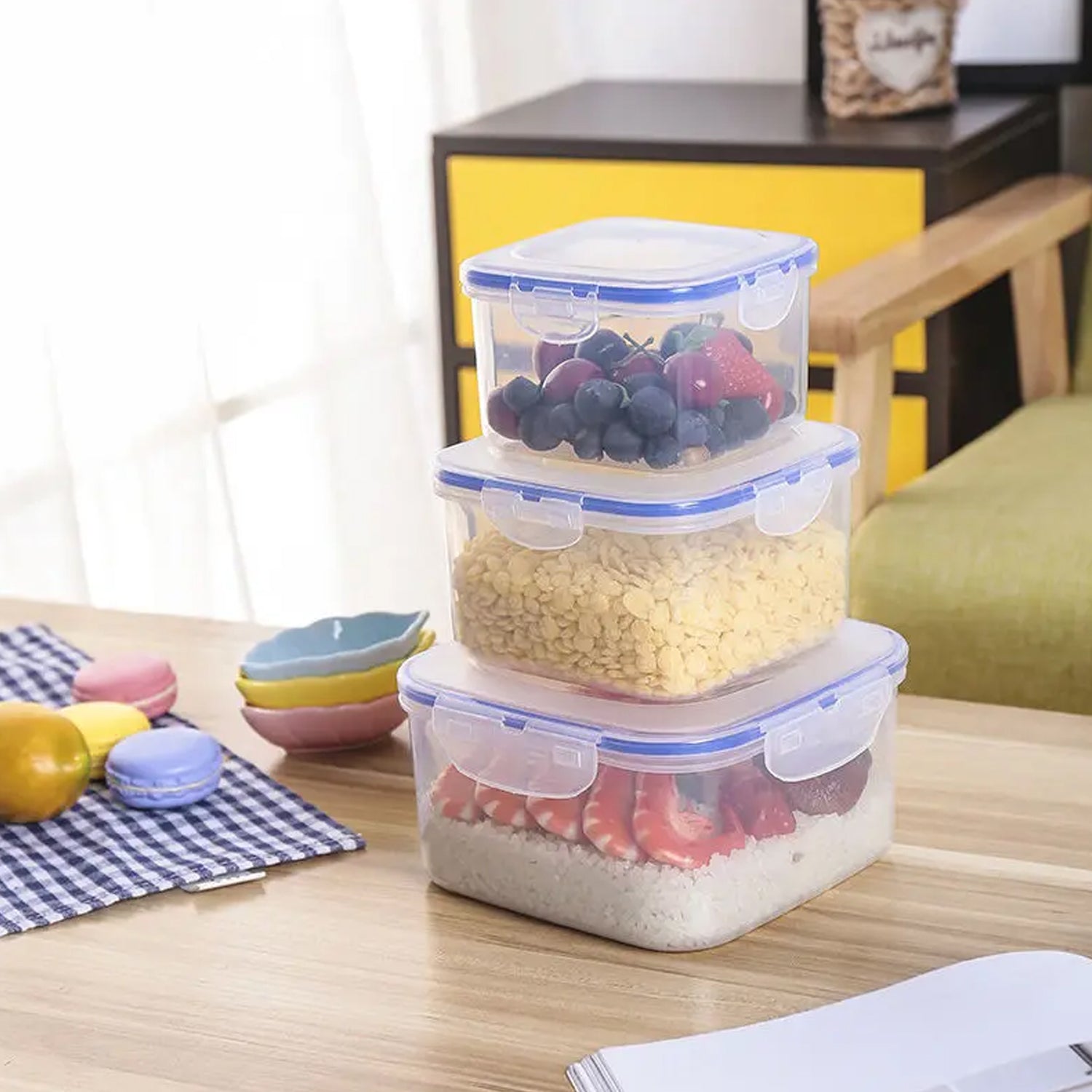 Kitchen Storage Container Set with Food Grade Plastic and Air Seal Lock Lid for Storage of Grocery, Spices, Dry fruits Use For Home, Office, Restaurant, Canteens (3 Piece Set) - Bhavnagar Deodap