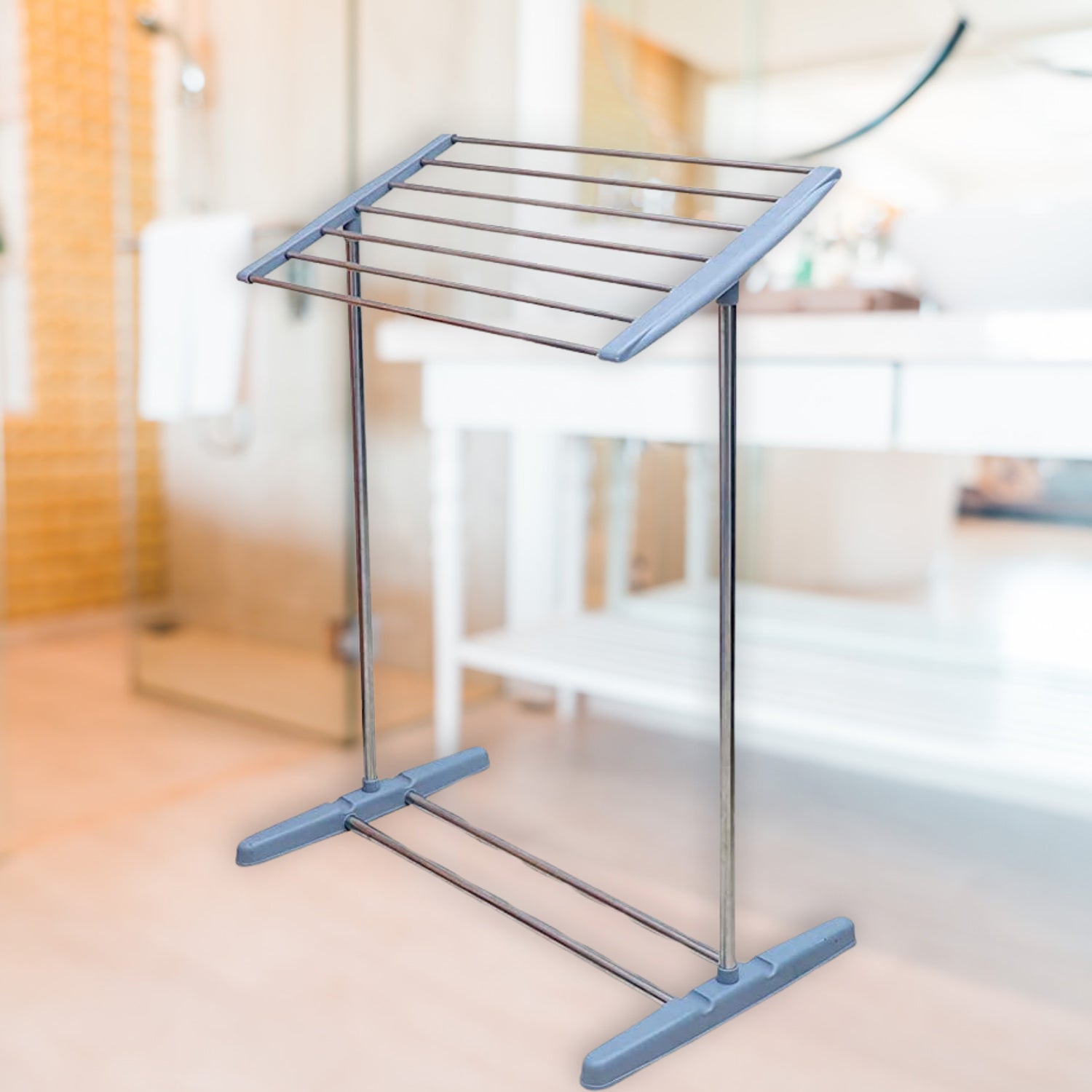 Multi-Functional Single Tier Mobile Towel Foldable Rack for Cloth and Towel / Stainless Steel and Plastic Made Mobile Towel and Cloth Rack Holder Indoor / Outdoor Standing Movable Cloth Dryer Rack, Balcony Cloth Drying Stand - Bhavnagar Deodap