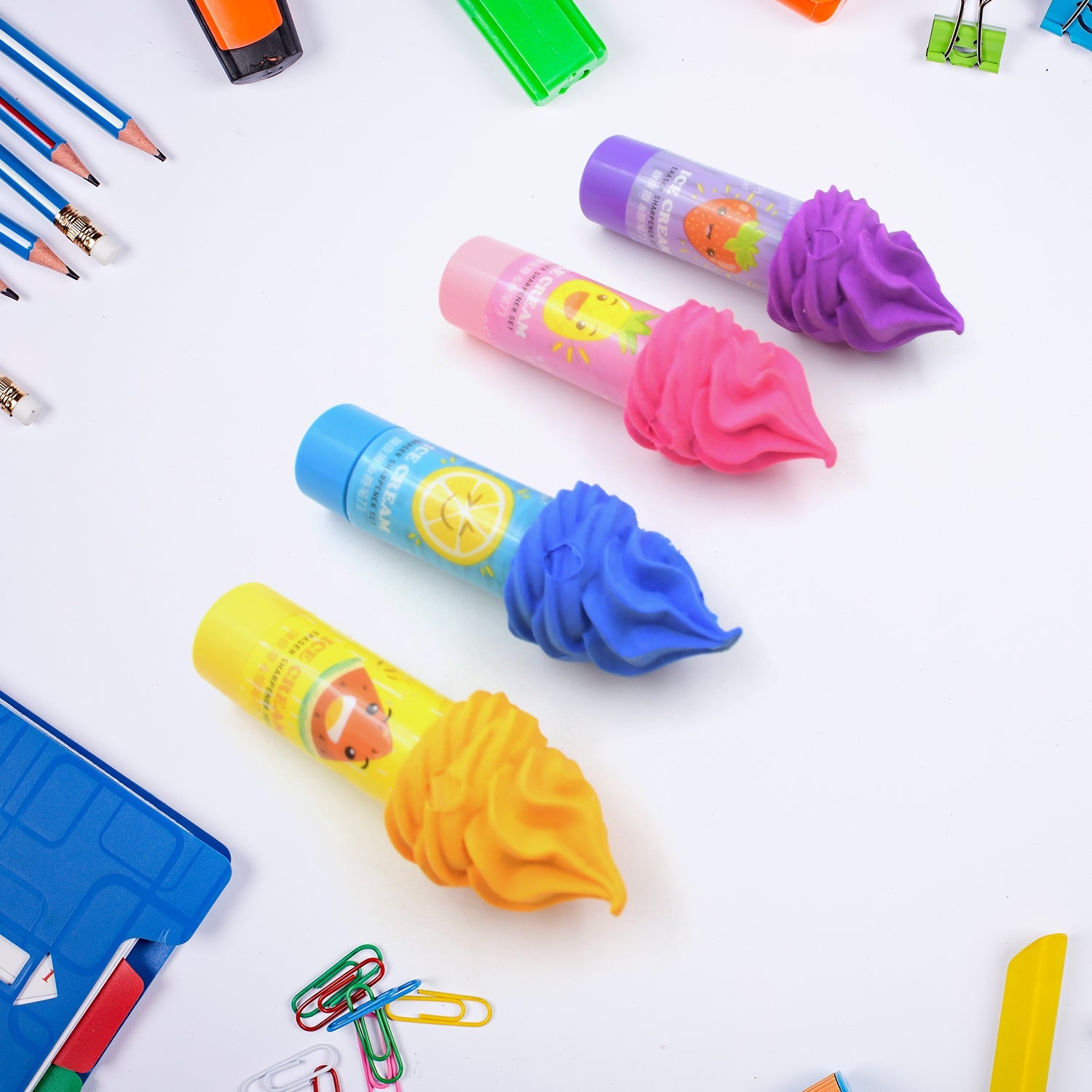 2 in1 Ice-Cream Cone Shaped Eraser Sharpener for Kids, Fancy & Stylish Colorful Erasers, Mini Eraser Creative Cute Novelty Eraser for Children Different Designs Eraser Set for Return Gift, Birthday Party, School Prize (4 Pcs Set) - Bhavnagar Deodap