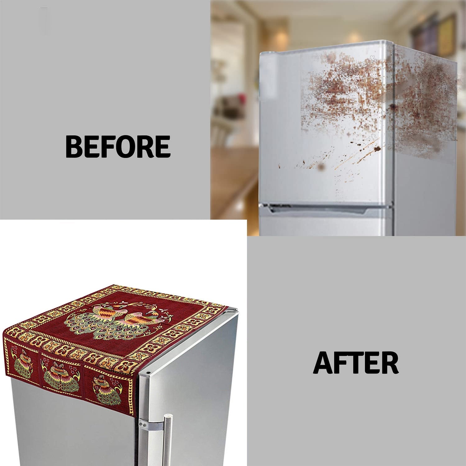 Cotton Fridge Top Cover Set - Standard, Appliance Covers Fridge Dustproof Cover with Peacock Deign 6 Utility Side Pockets Fridge Cover For All types Fridge Refrigerator Use (100x60CM) - Bhavnagar Deodap
