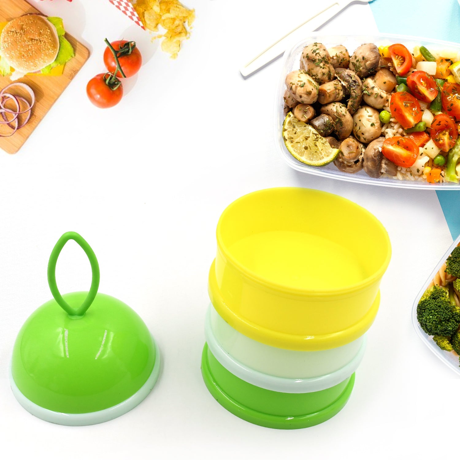 3 Layer Lunch Box Unique Design Bite Lunch Box With Liquid & Food Container Lunch Box (Green) - Bhavnagar Deodap