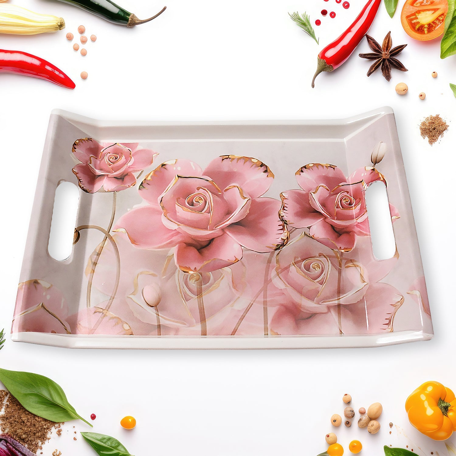 Plastic Rectangular Shape Flower Printed Design Serving Tray 3 pcs Home and Kitchen Use (3 pcs set) - Bhavnagar Deodap