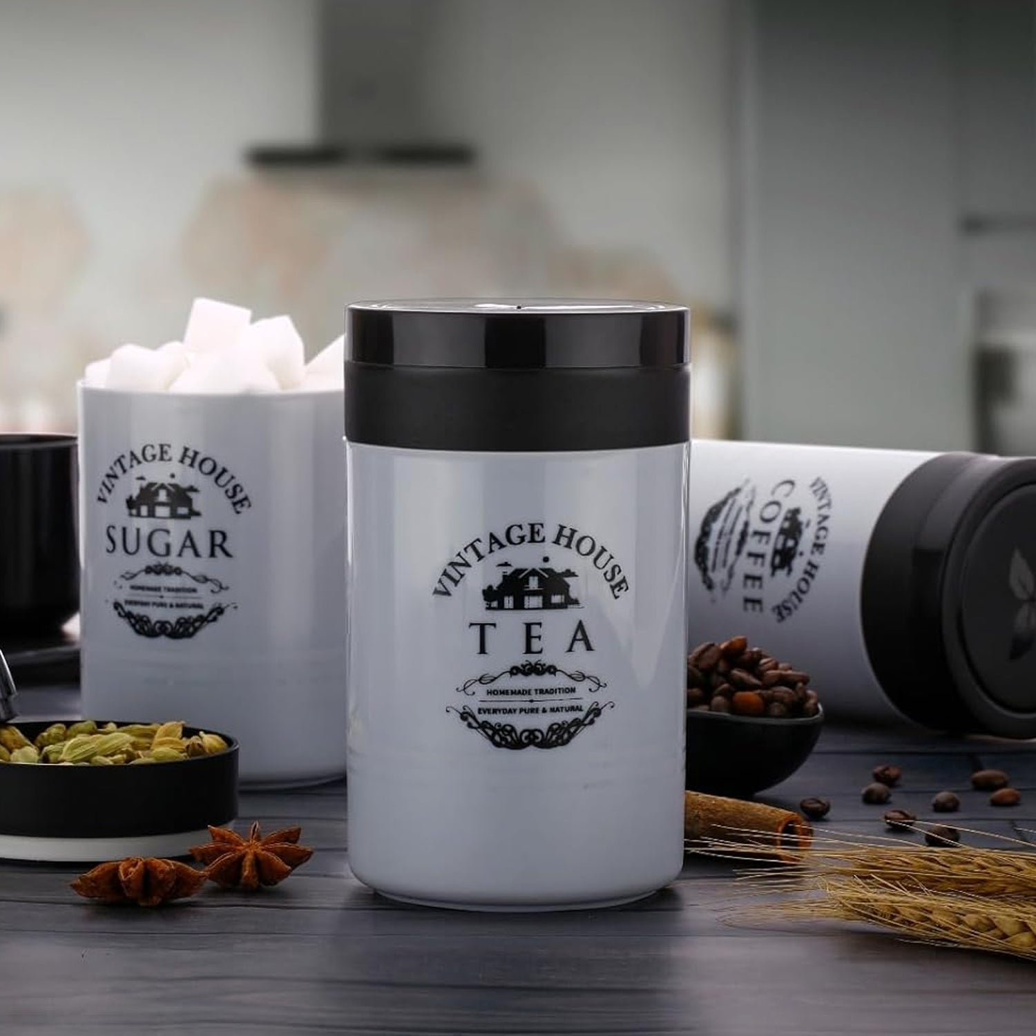 Accurate Seal Tea Sugar Coffee Container - 3 Pcs Plastic Damru Shaped Tea, Coffee, Sugar Canisters Jar, New Airtight Food Seal Containers for Salt, Dry Fruit, Grocery Multicolor (3 Pcs Set) - Bhavnagar Deodap