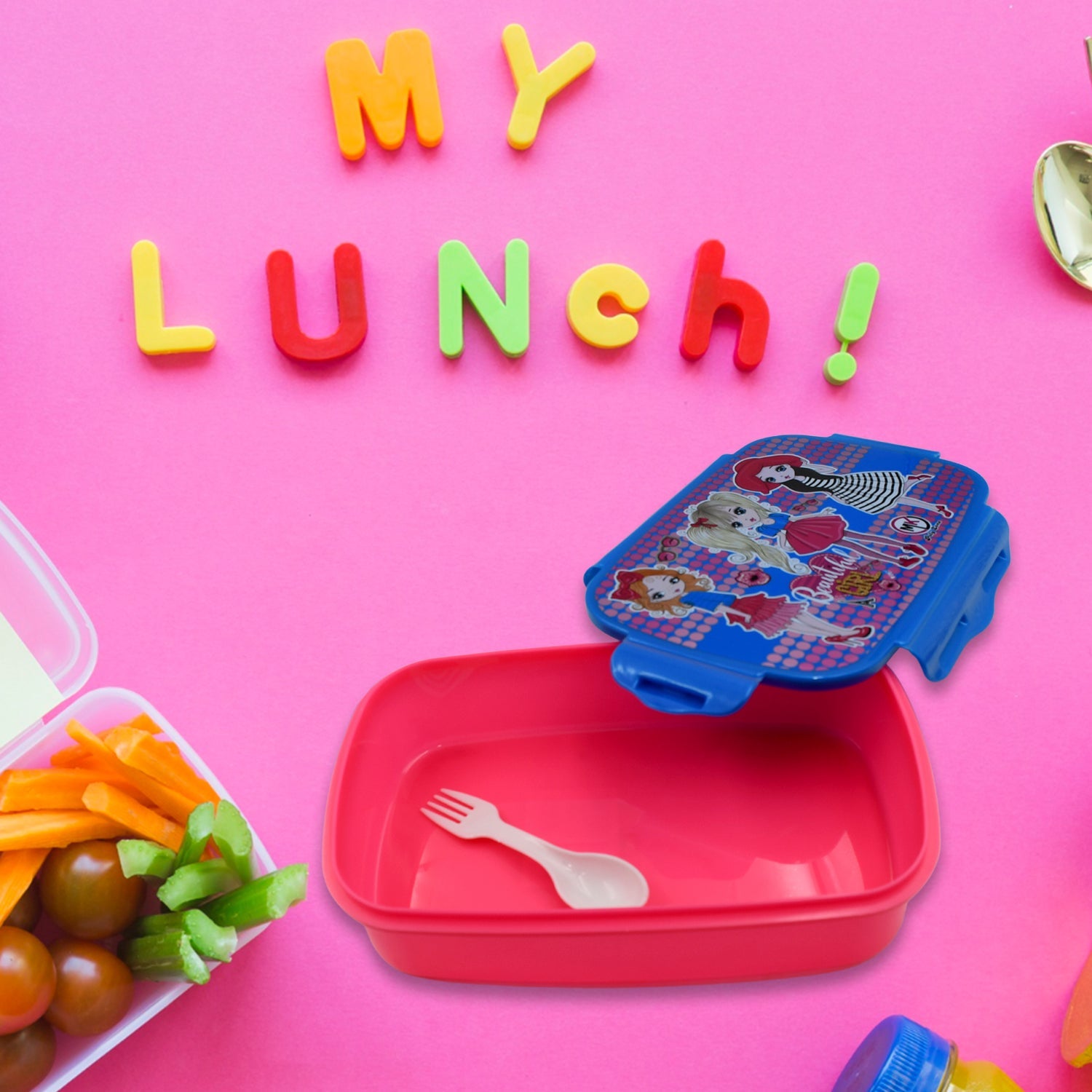 Cartoon Printed Plastic Lunch Box With Inside Small Box & Spoon for Kids, Air Tight Lunch Tiffin Box for Girls Boys, Food Container, Specially Designed for School Going Boys and Girls - Bhavnagar Deodap