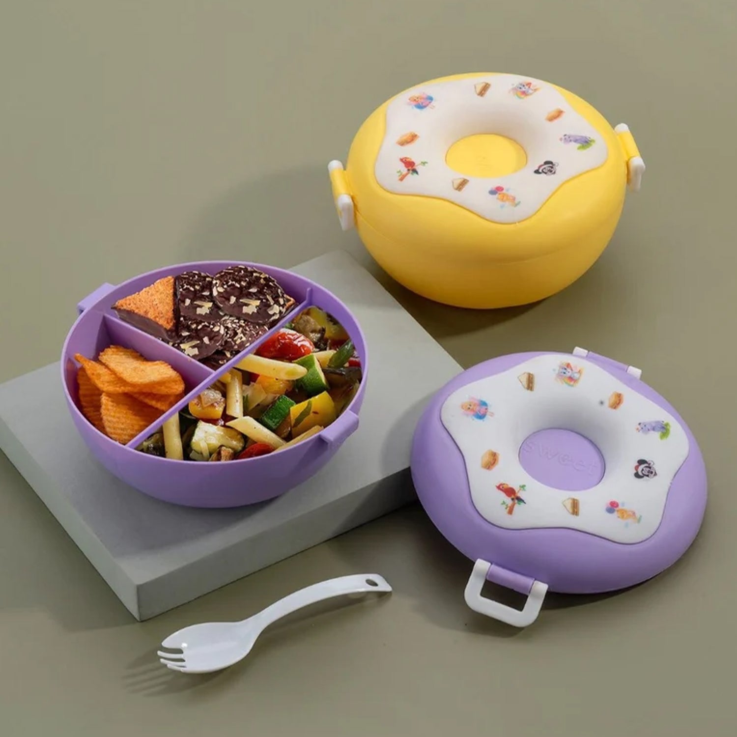 Donut Shaped Double Insulated 3 Compartment Lunch Box (1 Pc / Mix Color) - Bhavnagar Deodap