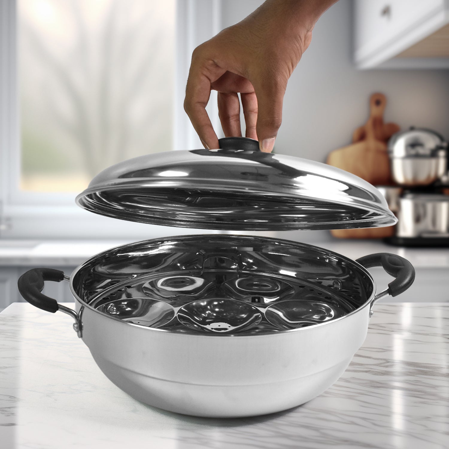 Stainless Steel Multi Kadai with 4 Plates in 1, 2 idli plates, 1 dhokla Plate, 1 Patra Plate, 1 kadai with 1 Lid (6 Pcs Set) - Bhavnagar Deodap