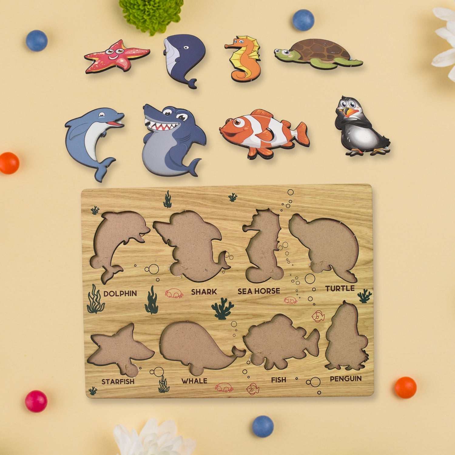 Seawater Animal Wooden Puzzle Learning Educational Board (1 Set) - Bhavnagar Deodap