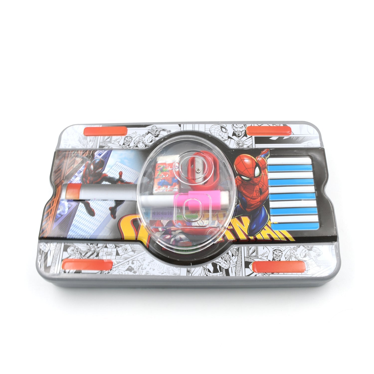 Big Cartoon Printed  Metal Compass Box, Pencil Case With Sharpner, Eraser, Pencil, Marker & Scale for Kids Stationery Compass Box, Stationery Gift for School Kids Compass, Pencil Box, Birthday Return Gift for Kids  (6 Pc Set) - Bhavnagar Deodap