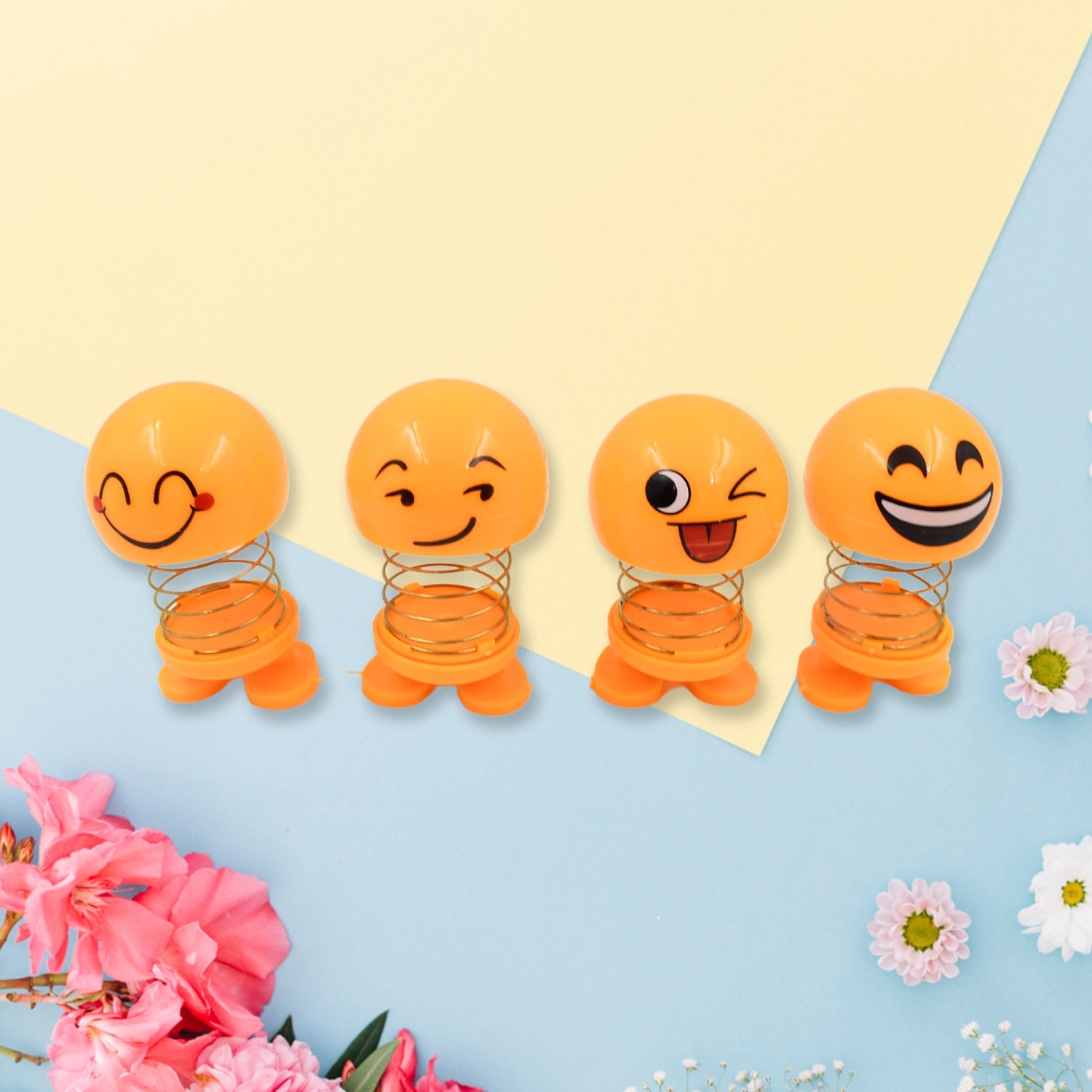 Cute Emoji Bobble-Head Funny Smiley Face Emoticon Figure Spring Dolls Bounce Toys for Car Interior Dashboard Accessories Desktop Decoration / Kids Toys (Pack of 8) - Bhavnagar Deodap