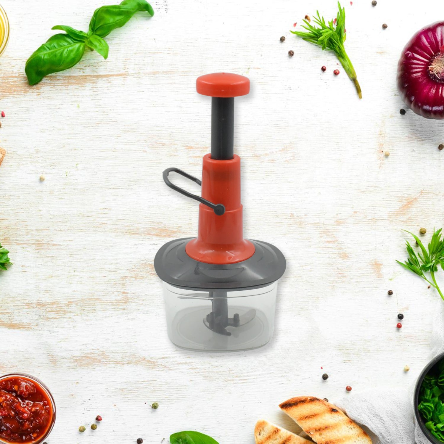 Manual Food Chopper (650ml): 3 Stainless Steel Blades, Locking System, Anti-Slip Base - Bhavnagar Deodap