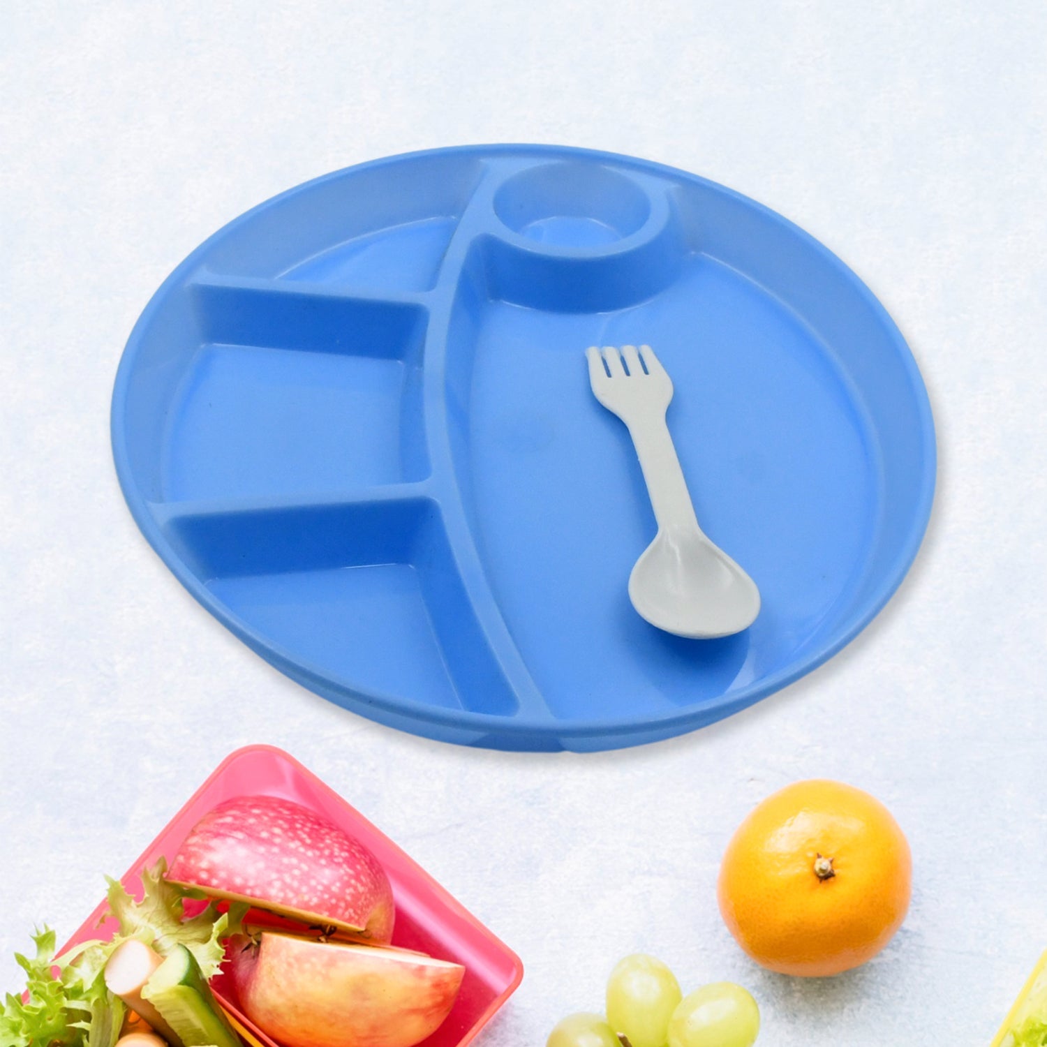 Plastic Food Plates / Biodegradable 5 Compartment Plate With Spoon for Food Snacks / Nuts / Desserts Plates for Kids, Reusable Plates for Outdoor, Camping, BPA-free (1 Pc) - Bhavnagar Deodap