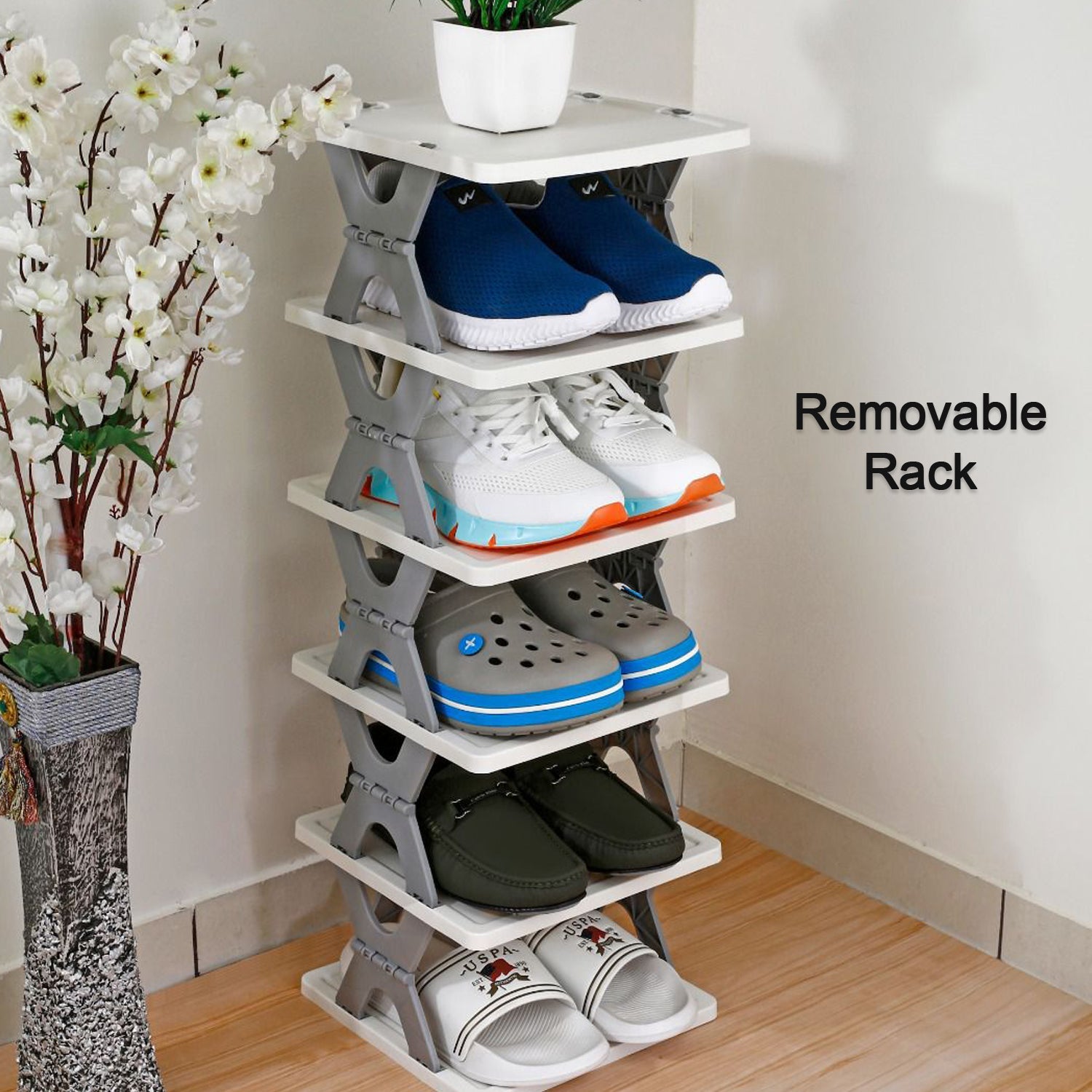 SMART SHOE RACK WITH 8 LAYER SHOES STAND MULTIFUNCTIONAL ENTRYWAY FOLDABLE & COLLAPSIBLE DOOR SHOE RACK FREE STANDING HEAVY DUTY PLASTIC SHOE SHELF STORAGE ORGANIZER NARROW FOOTWEAR HOME - Bhavnagar Deodap