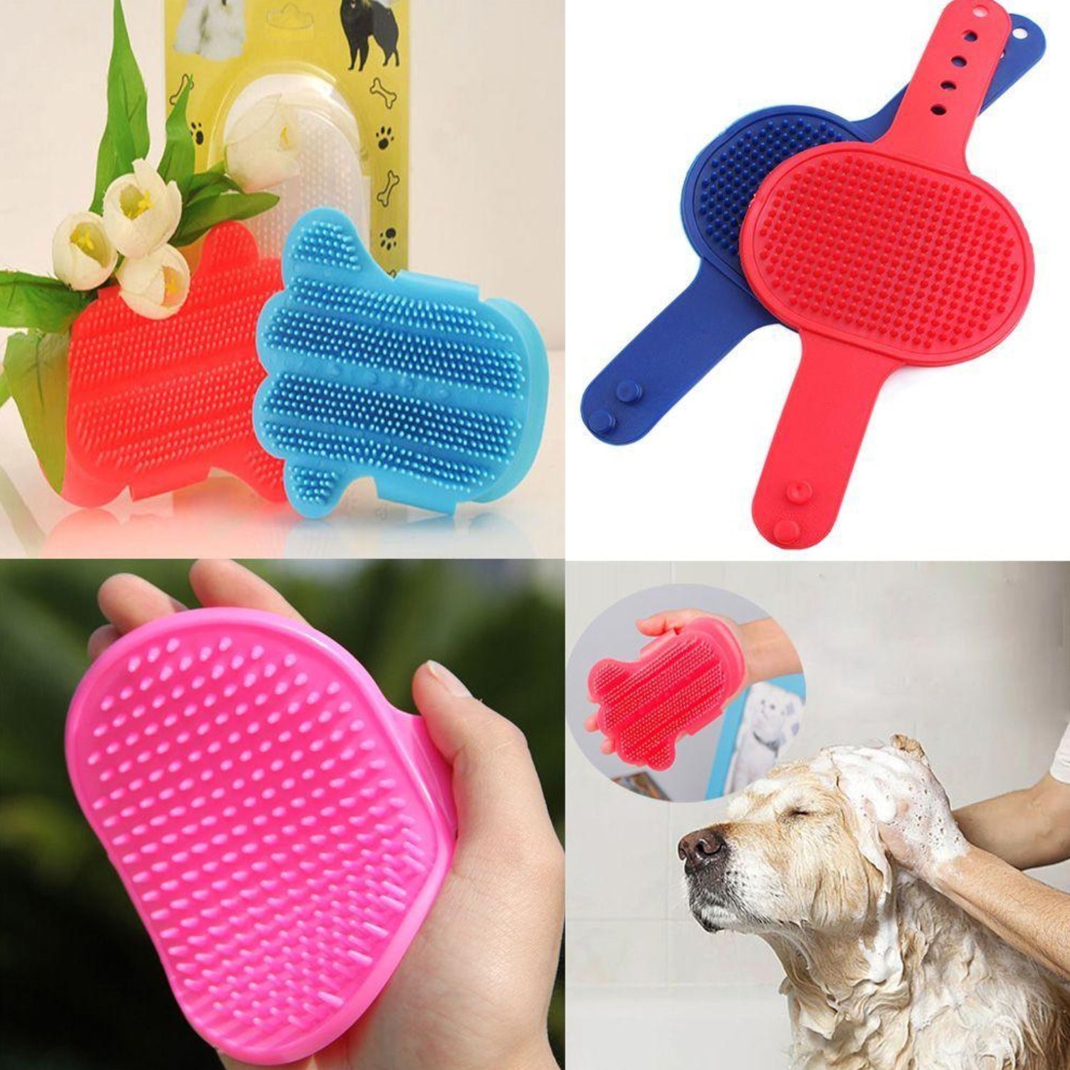 Dog Bath Brush Dog Grooming Brush, Pet Shampoo Bath Brush Soothing Massage Rubber Comb with Adjustable Ring Handle for Long Short Haired Dogs (1 Pc) - Bhavnagar Deodap