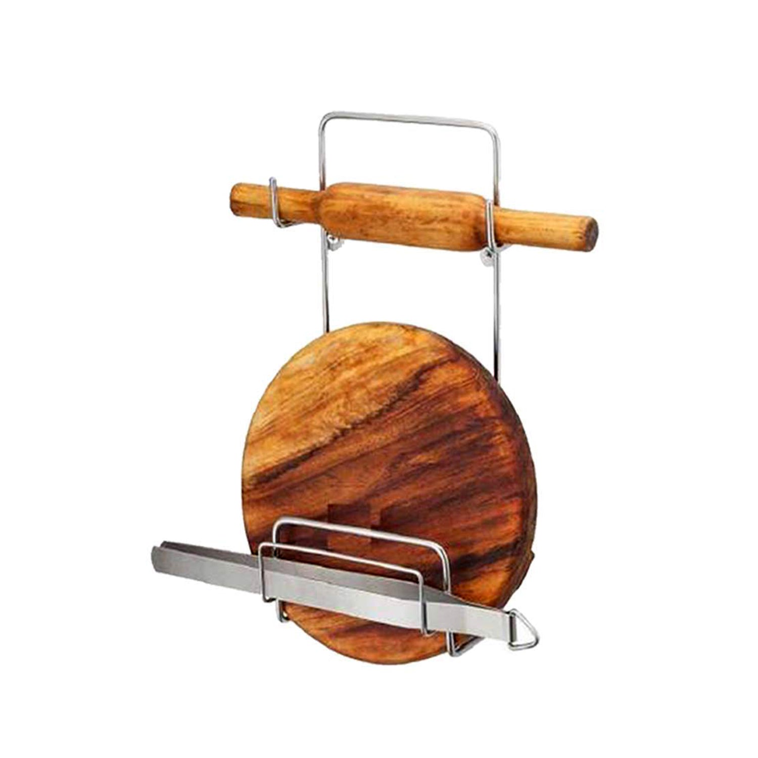 Chakla Belan Chimta Stand Rolling Pin Board Tong Holder Silver Stainless Steel Multi-Purpose Rack for Kitchen (1 Pc ) - Bhavnagar Deodap