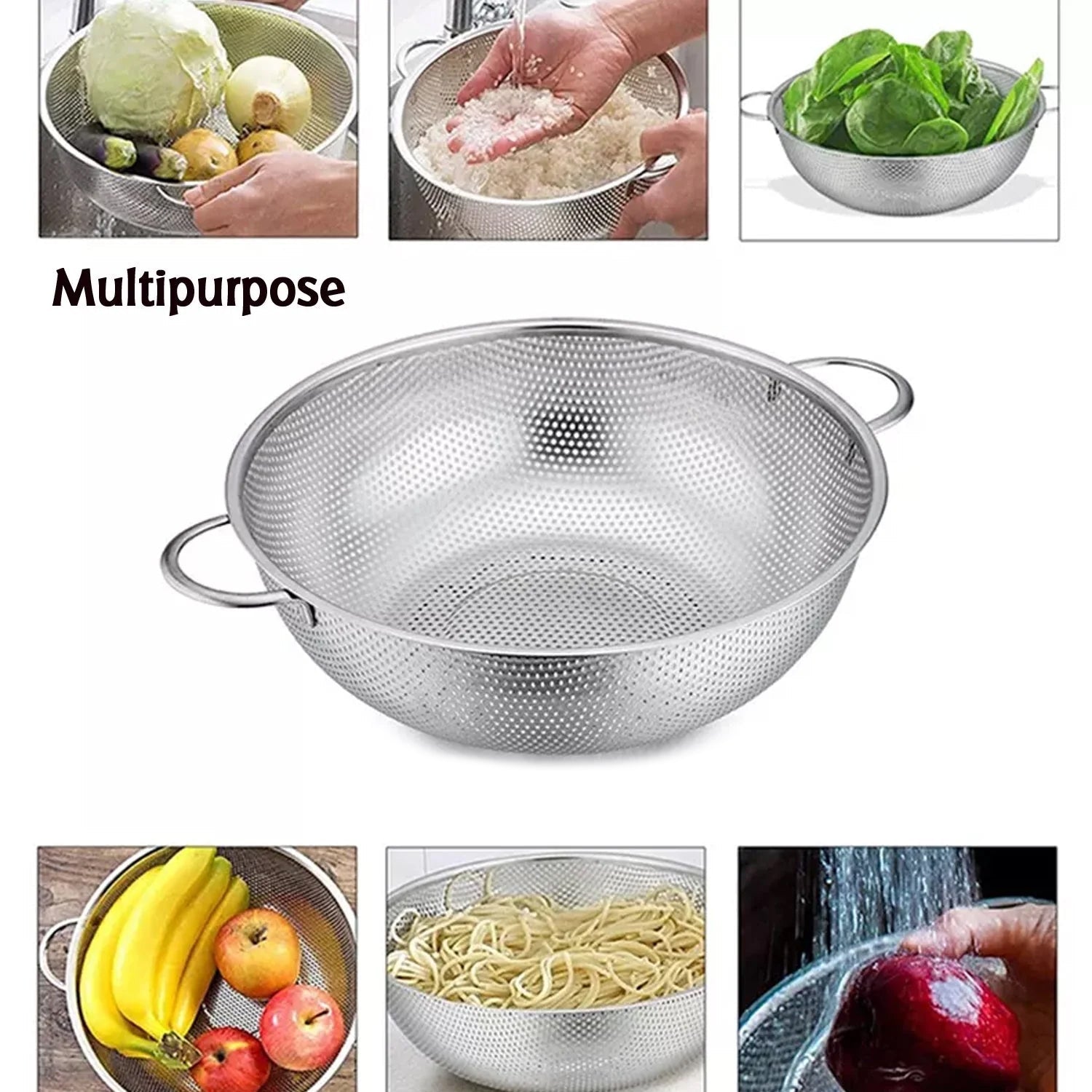 Stainless Steel Colander with Handle, Large Metal Mesh Basket Strainer for Pasta, Spaghetti, Berry, Veggies, Fruits,  Kitchen Food Colander, Dishwasher Safe (1 pc / 25.5 cm) - Bhavnagar Deodap