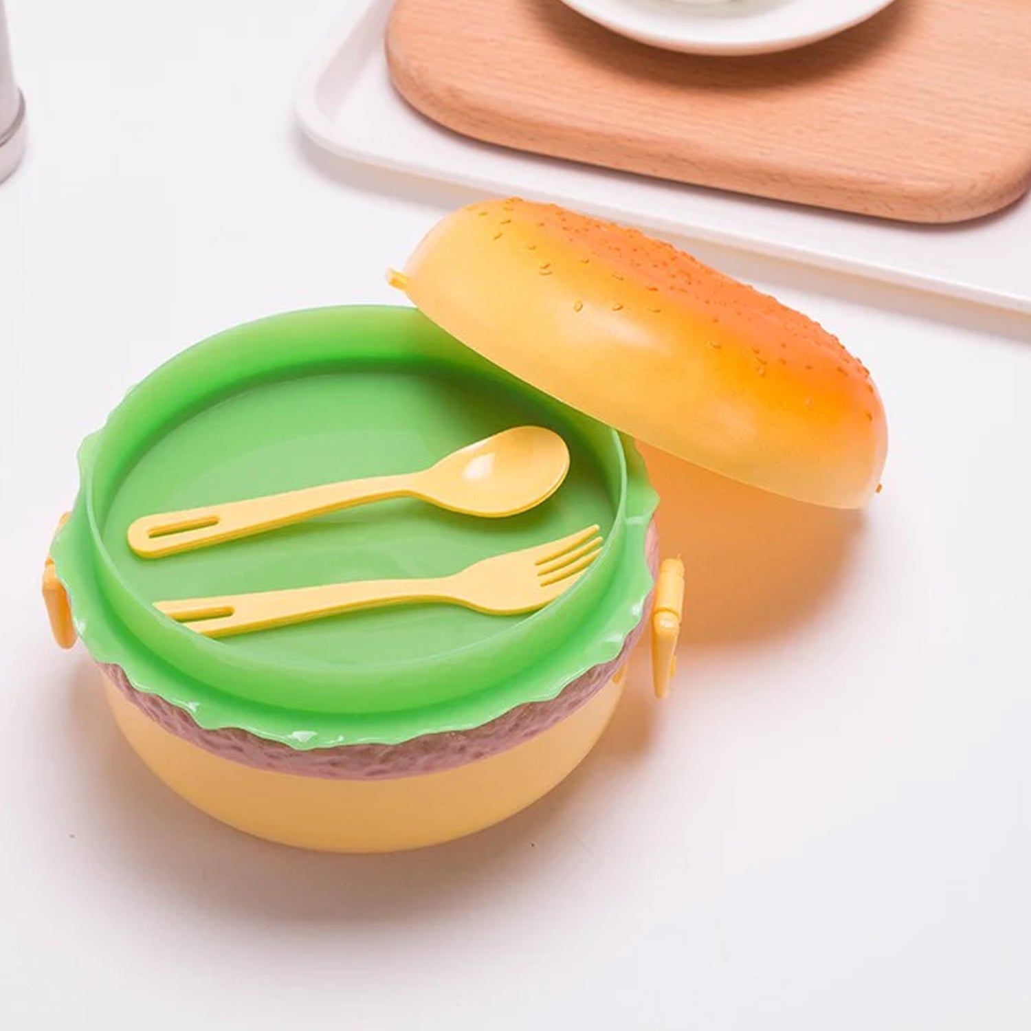 Burger Shape Lunch Box Plastic Lunch Box Food Container Sets Double Layer Lunchbox 1000ml With 2 Spoon Applicable to Kids and Elementary School Students - Bhavnagar Deodap