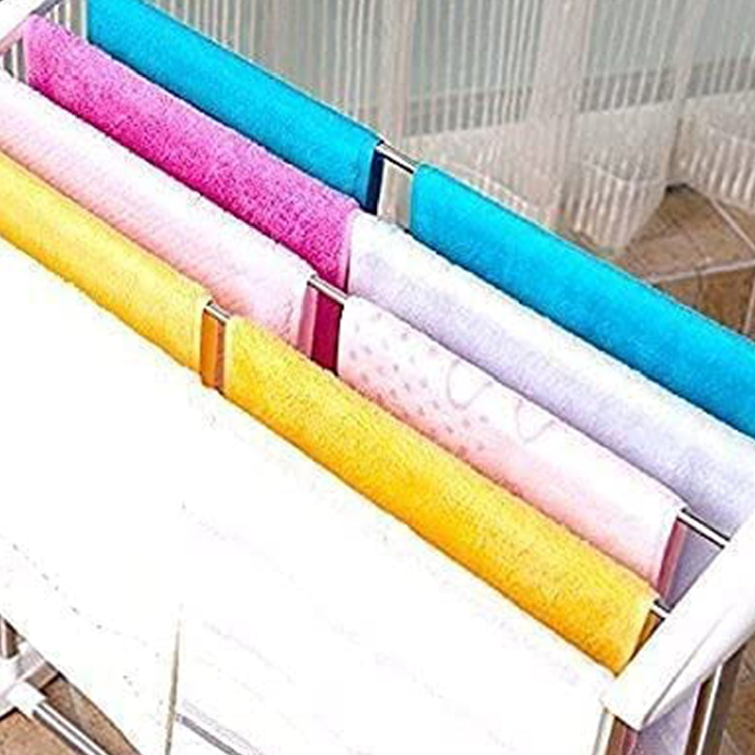 Multi-Functional Single Tier Mobile Towel Foldable Rack for Cloth and Towel / Stainless Steel and Plastic Made Mobile Towel and Cloth Rack Holder Indoor / Outdoor Standing Movable Cloth Dryer Rack, Balcony Cloth Drying Stand - Bhavnagar Deodap