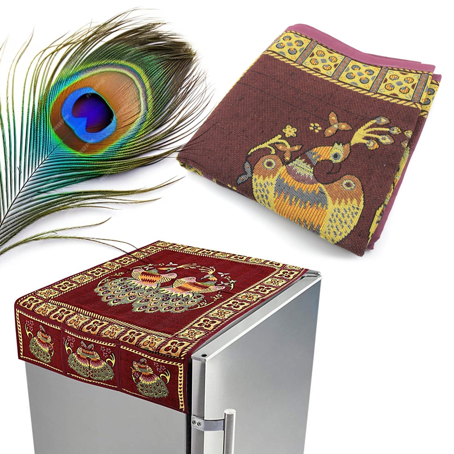 Cotton Fridge Top Cover Set - Standard, Appliance Covers Fridge Dustproof Cover with Peacock Deign 6 Utility Side Pockets Fridge Cover For All types Fridge Refrigerator Use (100x60CM) - Bhavnagar Deodap