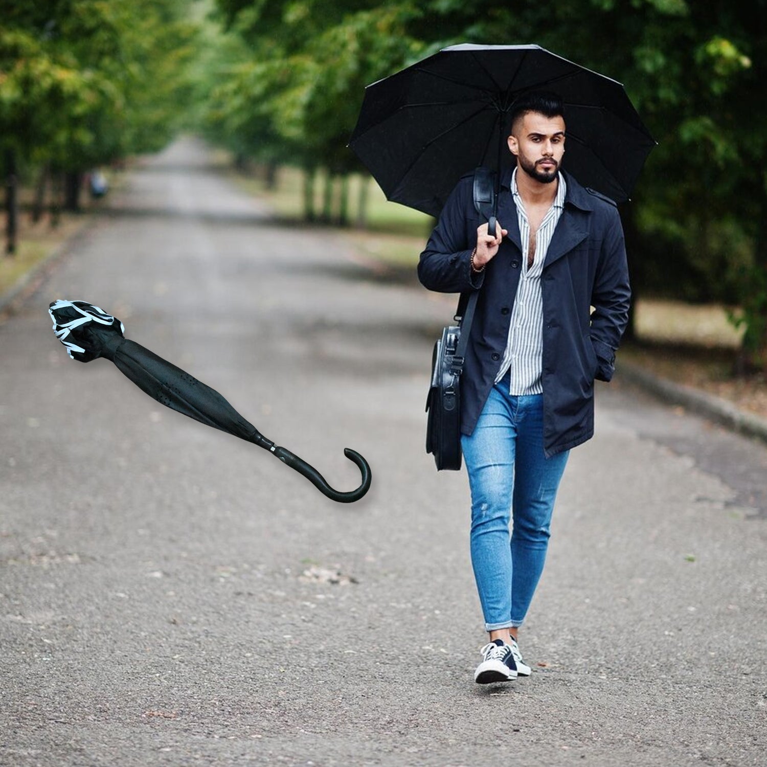 Travel Umbrella Windproof Umbrella Compact Folding Reverse Umbrella Unique Folding Umbrella With U- Shape Big Handle (1 pc) - Bhavnagar Deodap