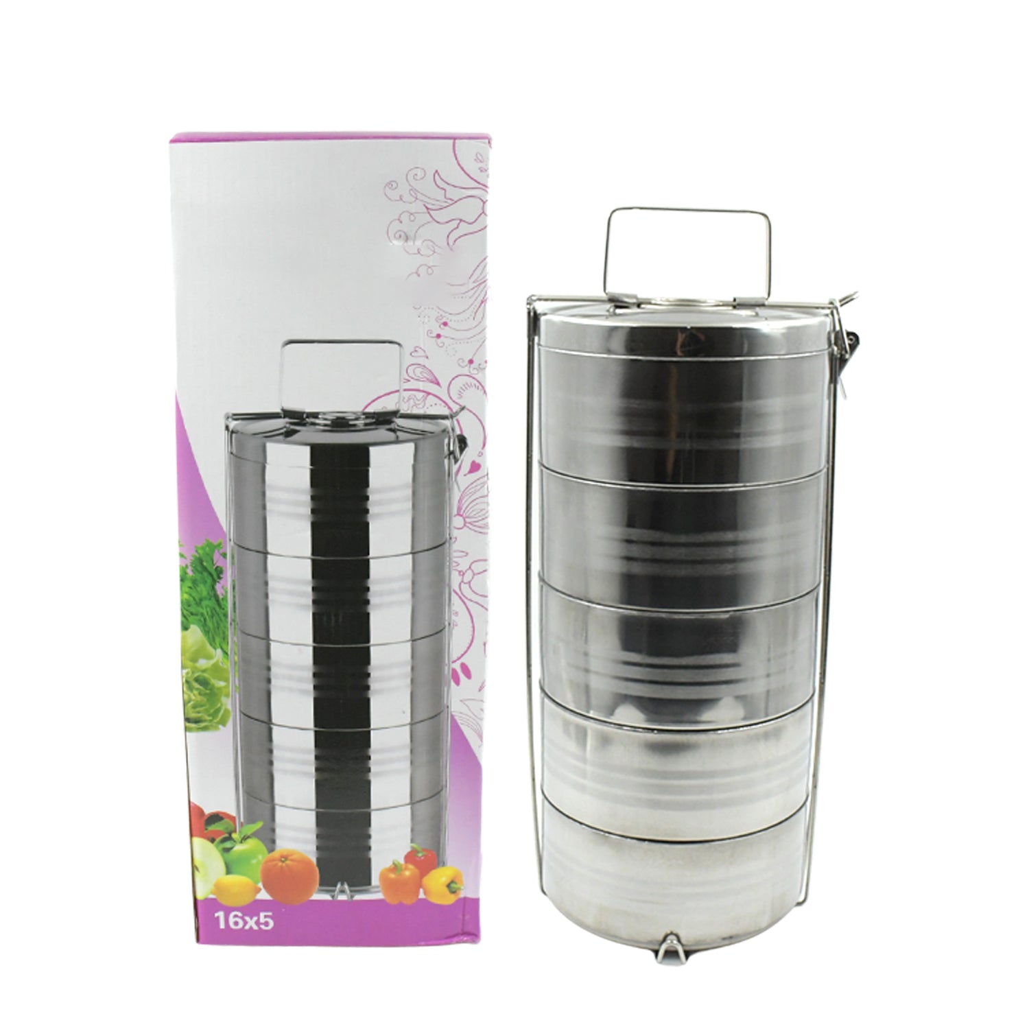 5 Compartment Lunch Box (Stainless Steel): Round Tiffin, Leakproof (16x5") - Bhavnagar Deodap