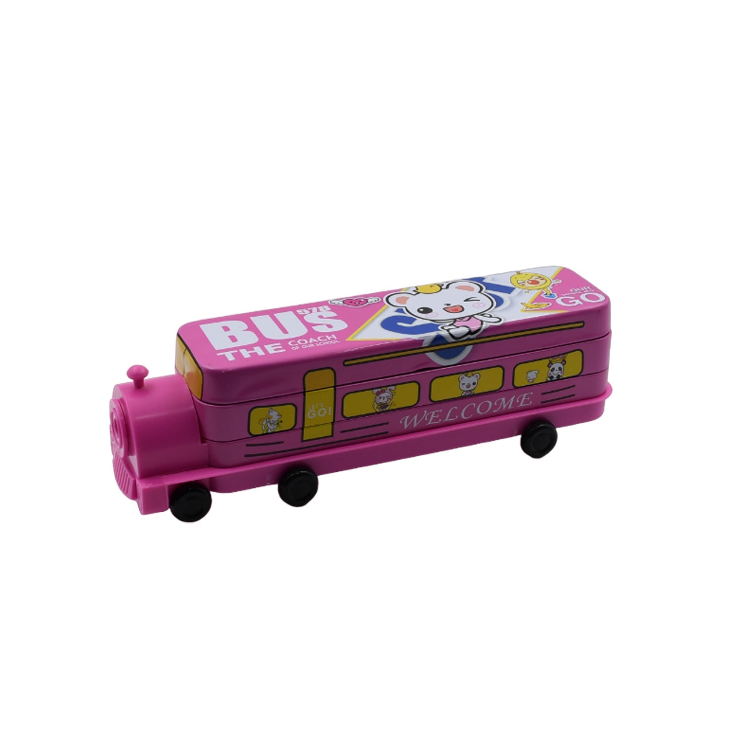 Double Decker Magic Bus Compass 2 Layer Metal Bus Compass Pencil Case with Movable Wheels & Sharpener Bus Shape with Tiers Metal Pencil Box for Kids Birthday Party - Bhavnagar Deodap