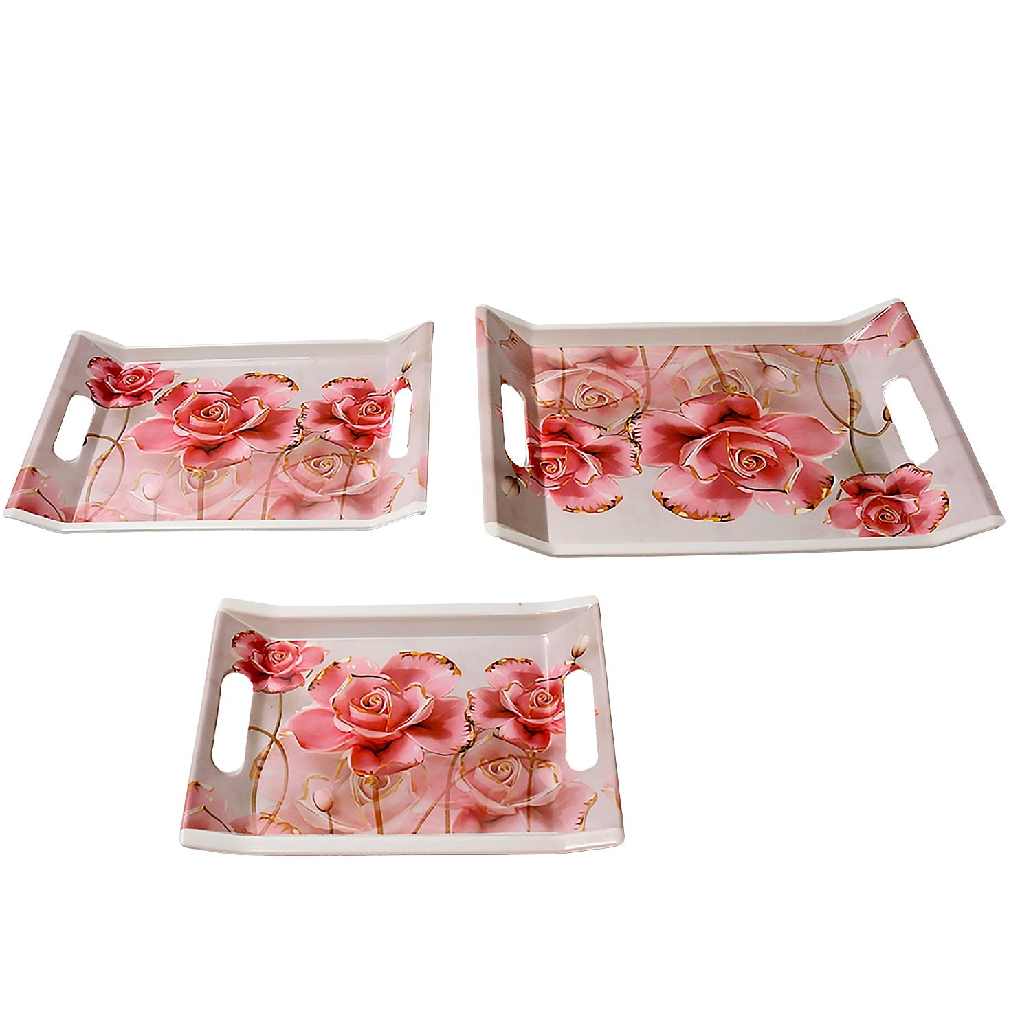 Plastic Rectangular Shape Flower Printed Design Serving Tray 3 pcs Home and Kitchen Use (3 pcs set) - Bhavnagar Deodap