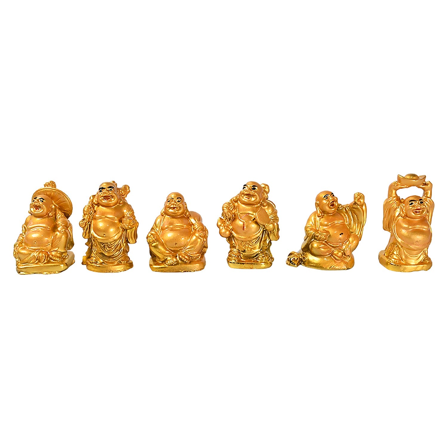 Golden Laughing Buddha Set Of Six Pieces Statue For Happiness, Wealth & Good luck Decor For Wealth and Success (6 Pcs Set) - Bhavnagar Deodap