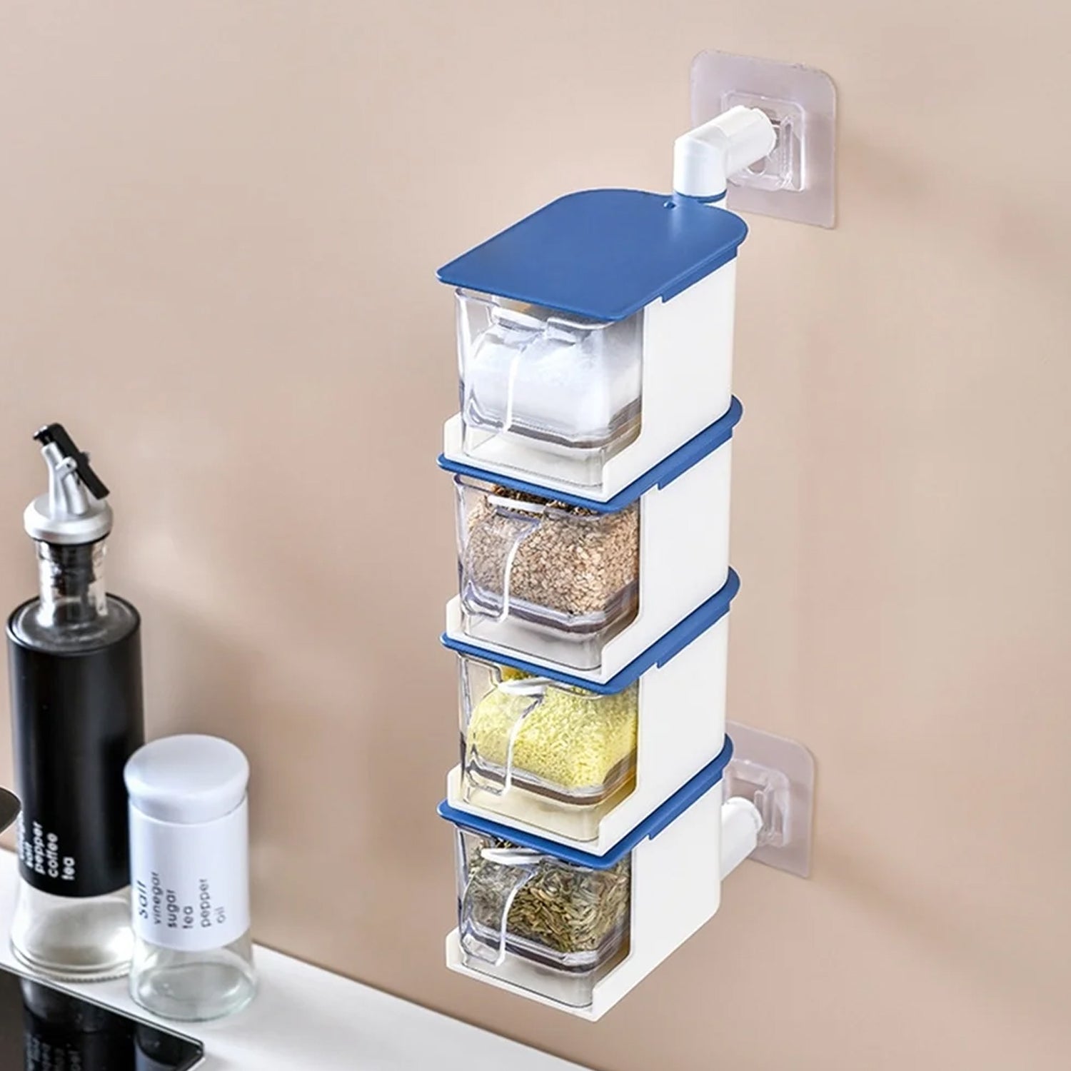 4 Layer Creative Adhesive Wall Hanging Rotary Seasoning Box Condiment Storage Container Kitchen with Spoon Pepper Sugar Spice Jar Rack Food - Bhavnagar Deodap